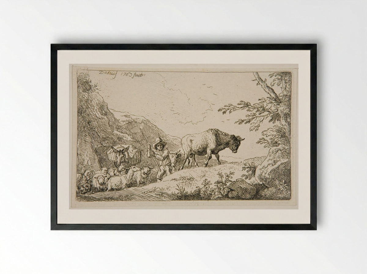 Shepherd and Flock Climbing a Mountain - Christian Wilhelm Ernst Dietrich - Framed Print Black
