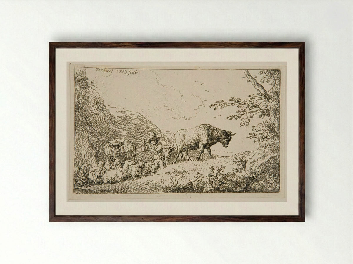 Shepherd and Flock Climbing a Mountain - Christian Wilhelm Ernst Dietrich - Framed Print Dark Wood
