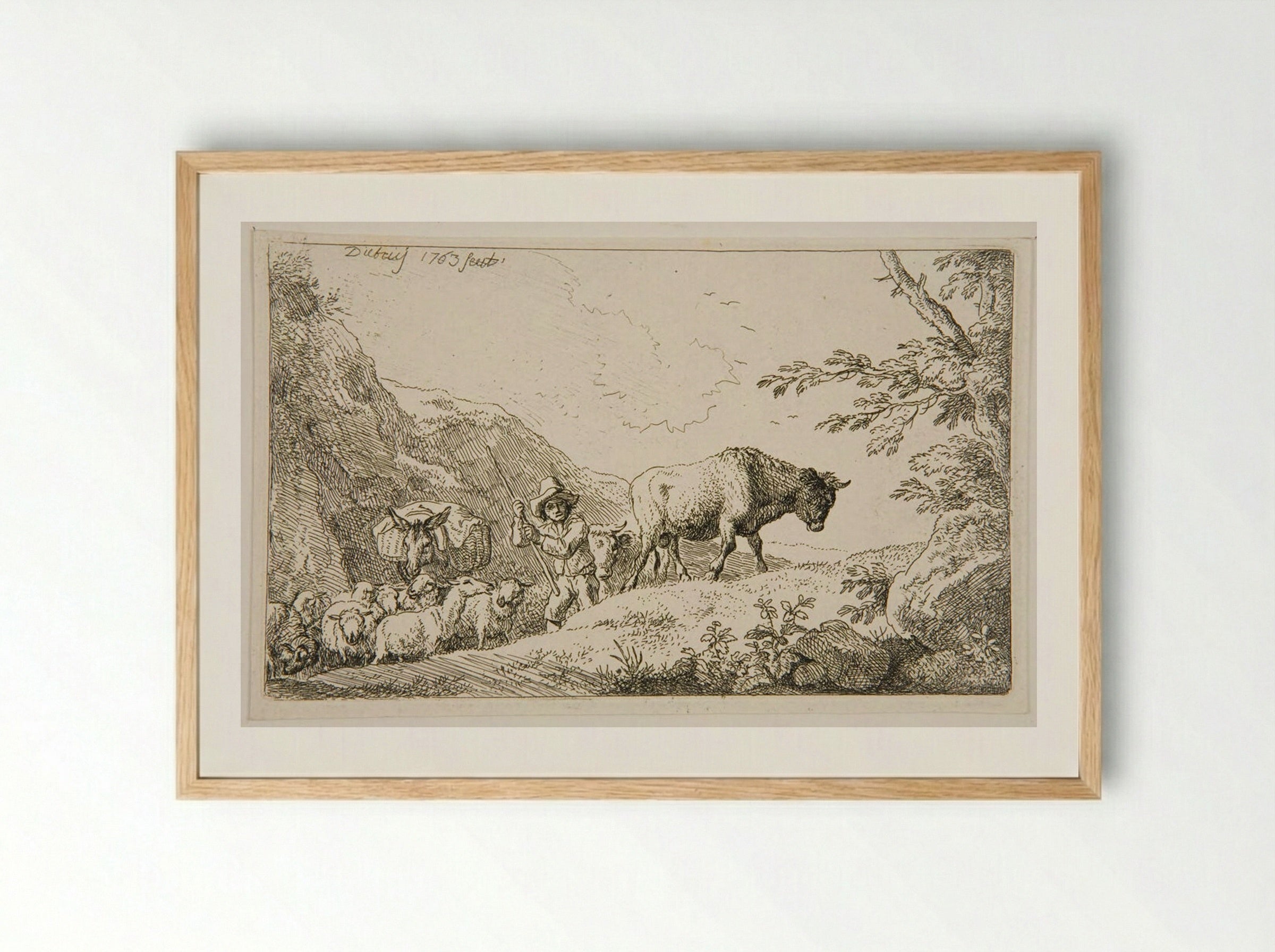 Shepherd and Flock Climbing a Mountain - Christian Wilhelm Ernst Dietrich - Framed Print Wood