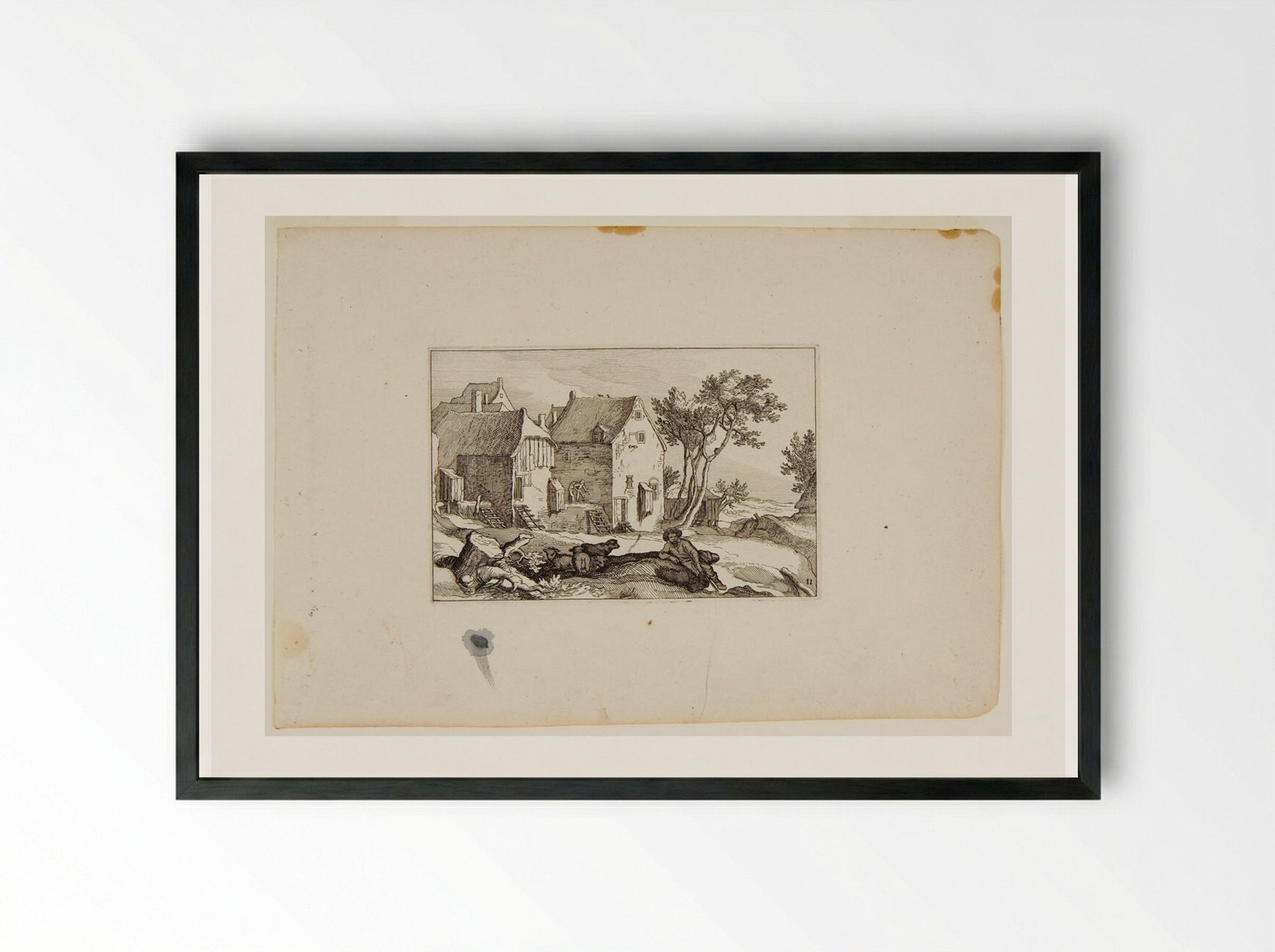 Shepherd and His Flock with Farm Buildings - Claes Jansz. Visscher - Framed Print Black