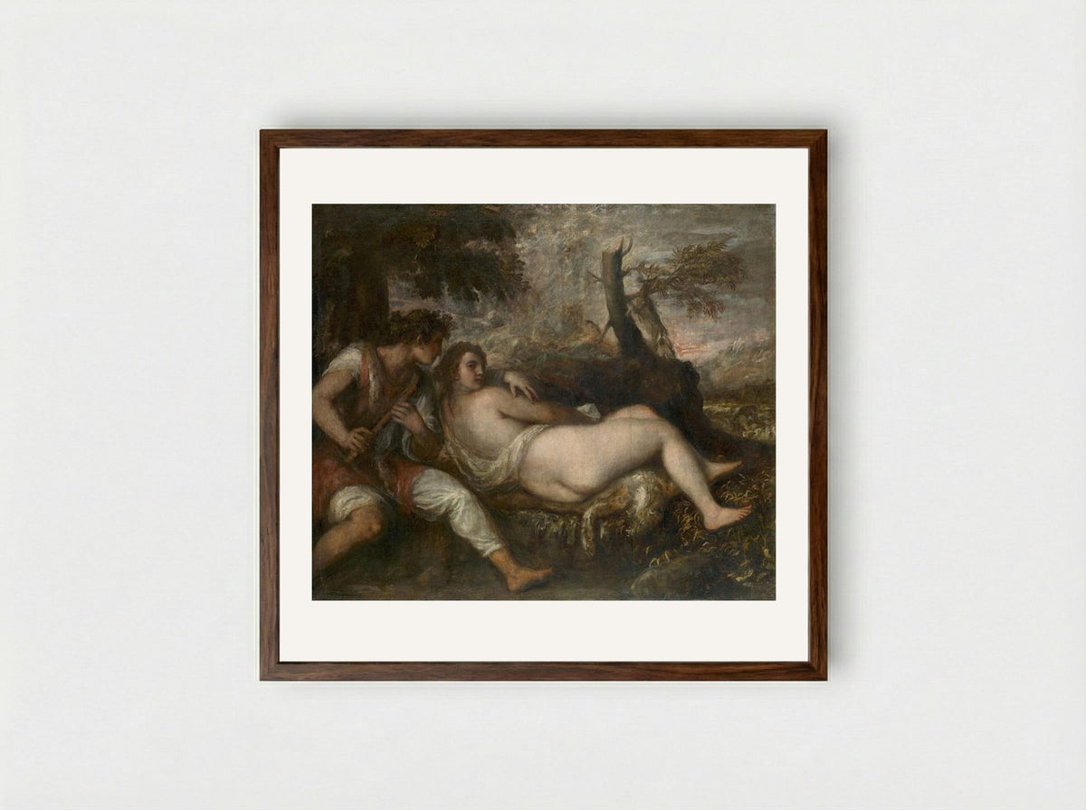 Shepherd and Nymph - Titian - Framed Print Dark Wood