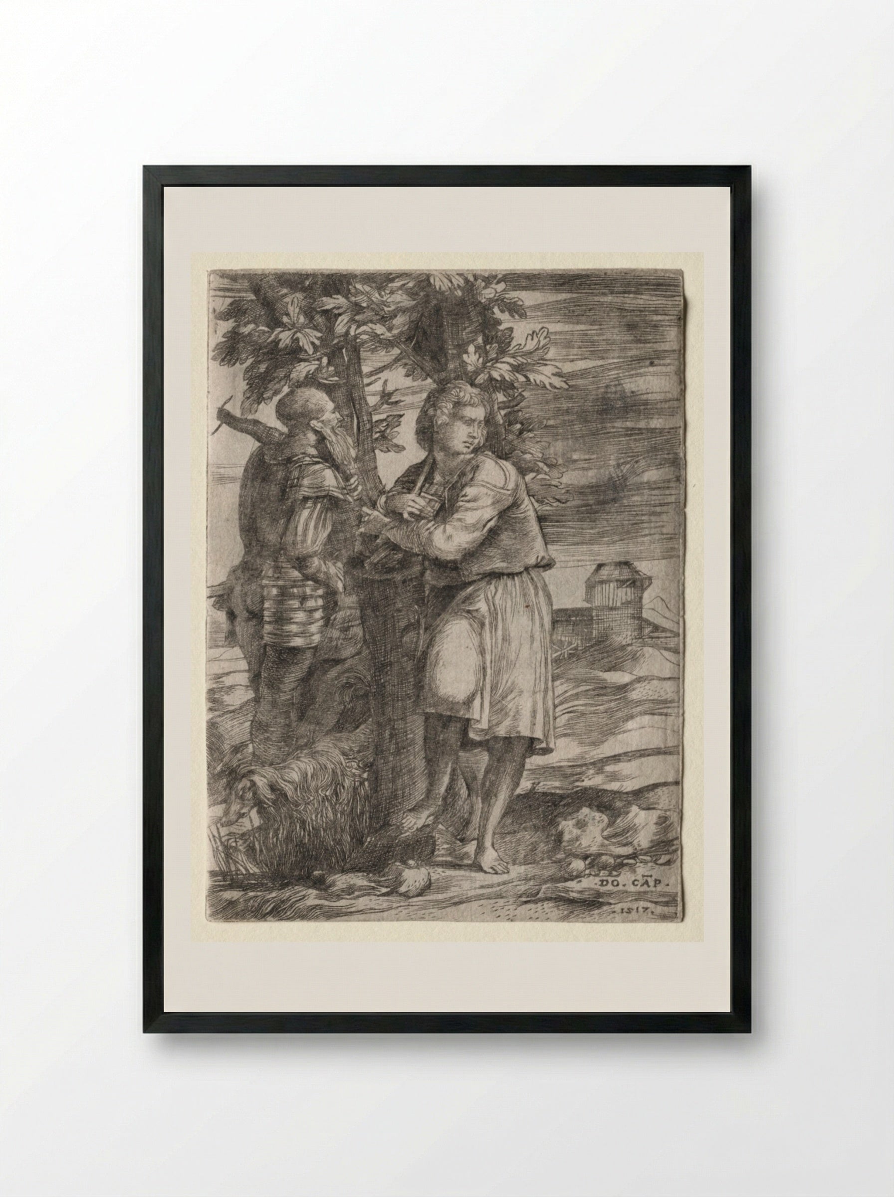 Shepherd and Old Warrior - Domenico Campagnola - Framed Print Black