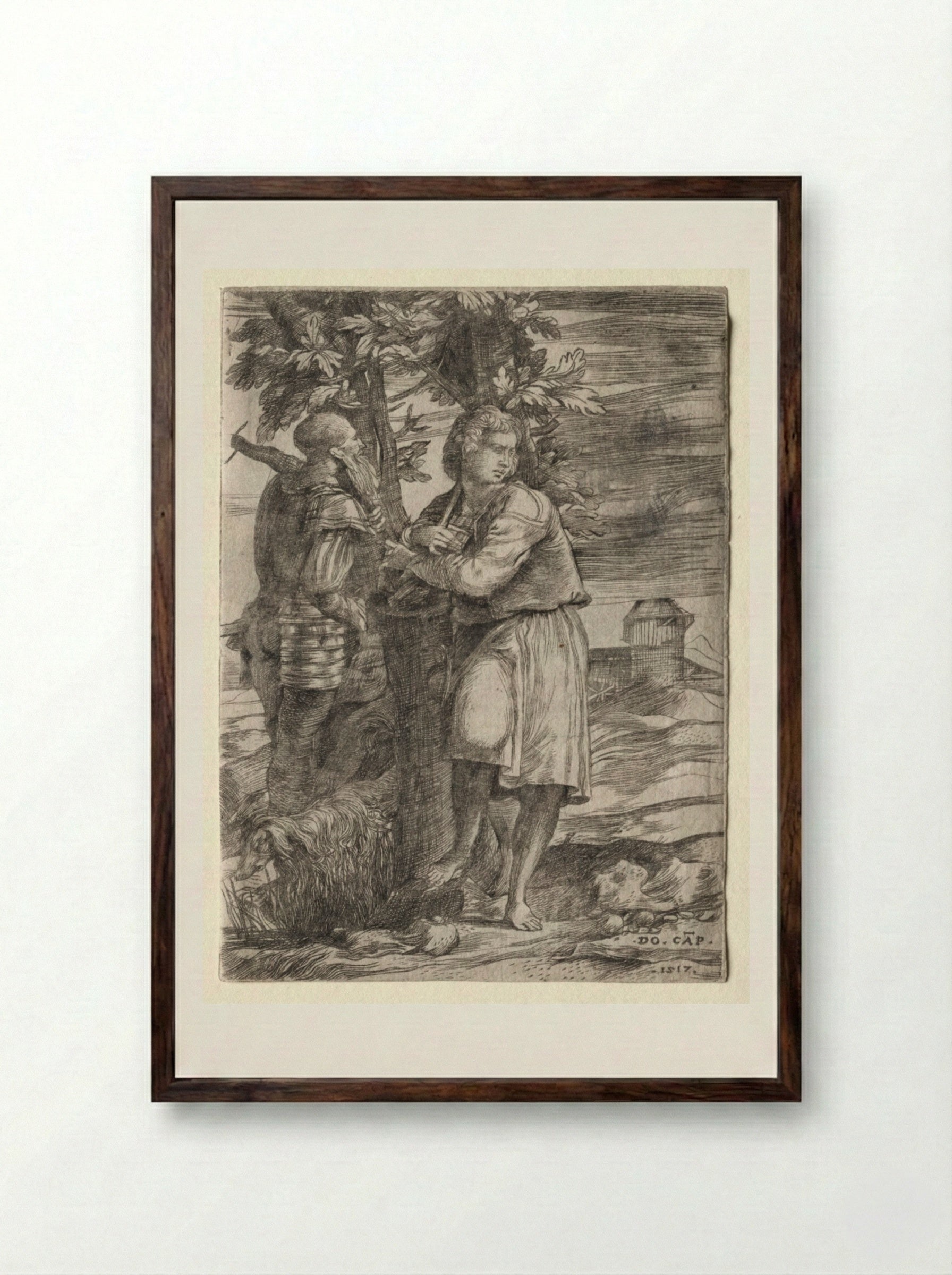 Shepherd and Old Warrior - Domenico Campagnola - Framed Print Dark Wood