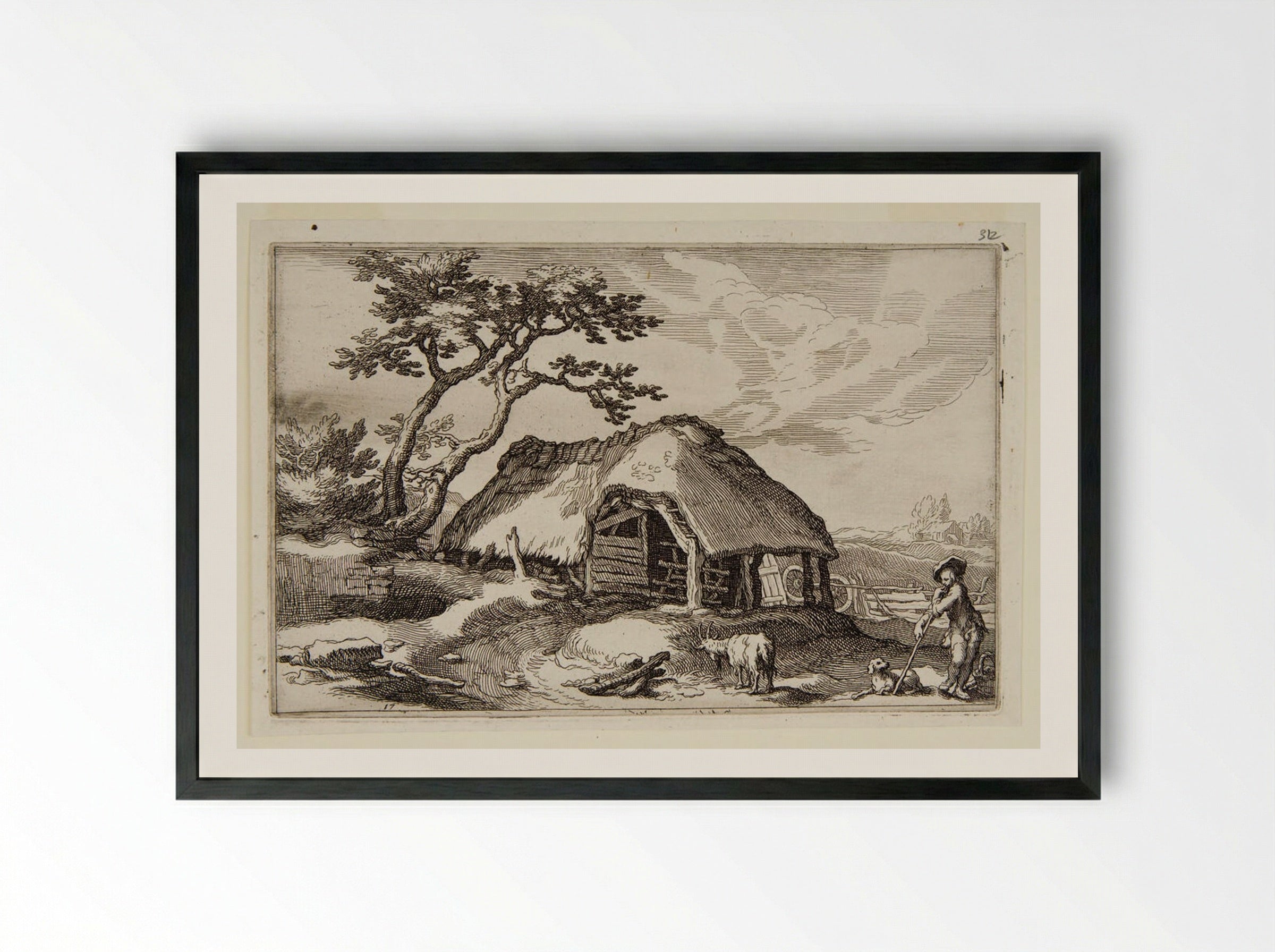Shepherd and a Dog near a Farmhouse - Boetius Adamsz. Bolswert - Framed Print Black