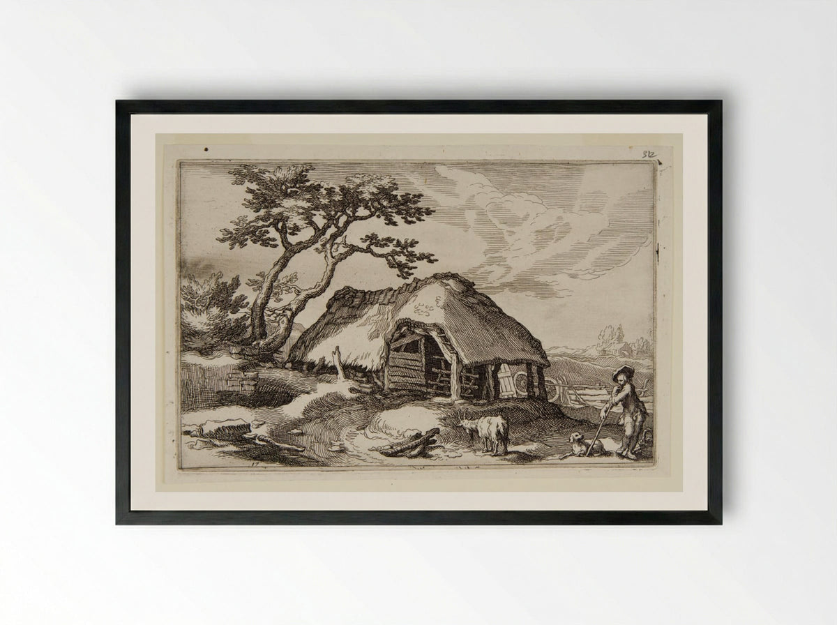 Shepherd and a Dog near a Farmhouse - Boetius Adamsz. Bolswert - Framed Print Black