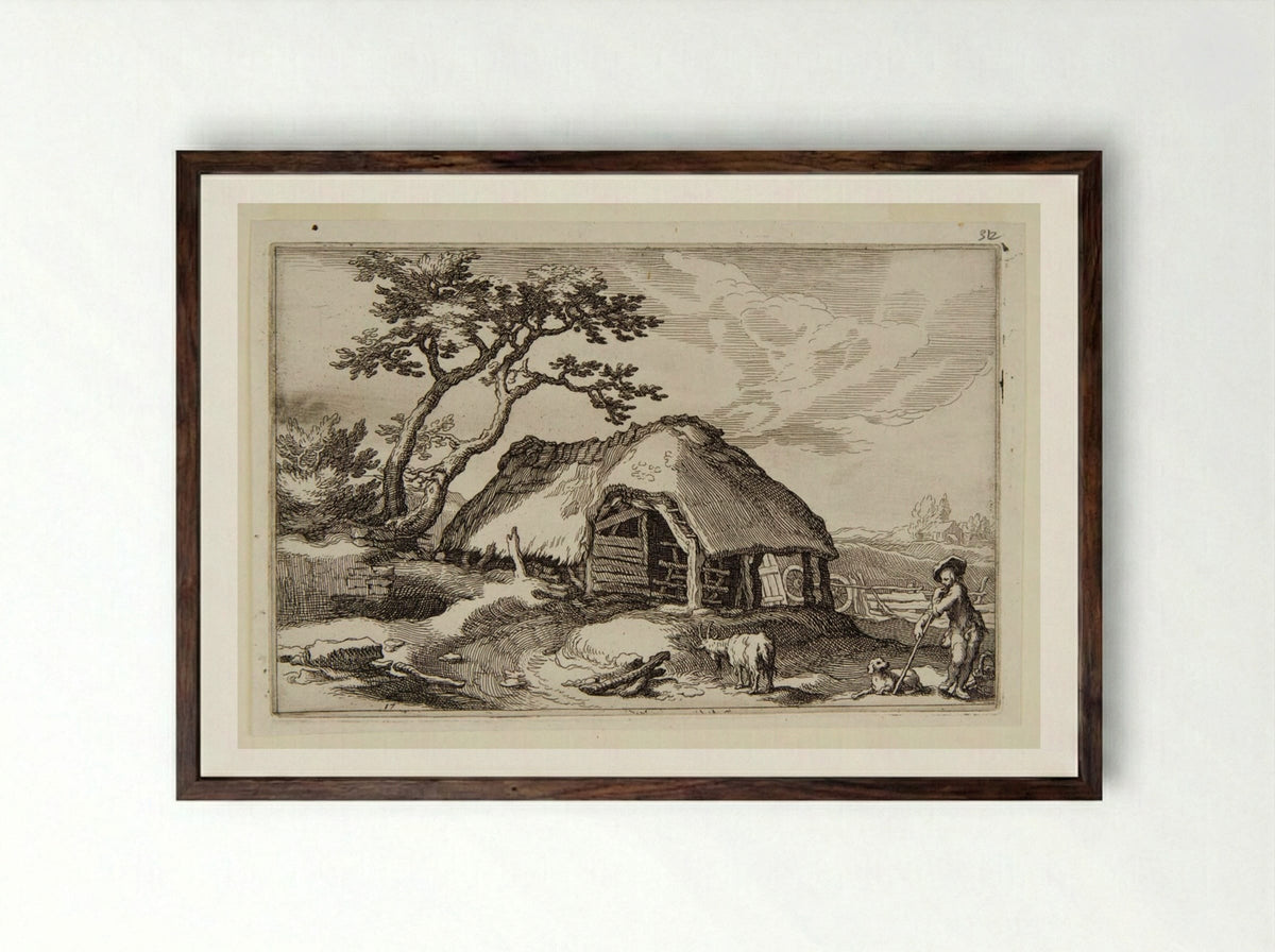 Shepherd and a Dog near a Farmhouse - Boetius Adamsz. Bolswert - Framed Print Dark Wood
