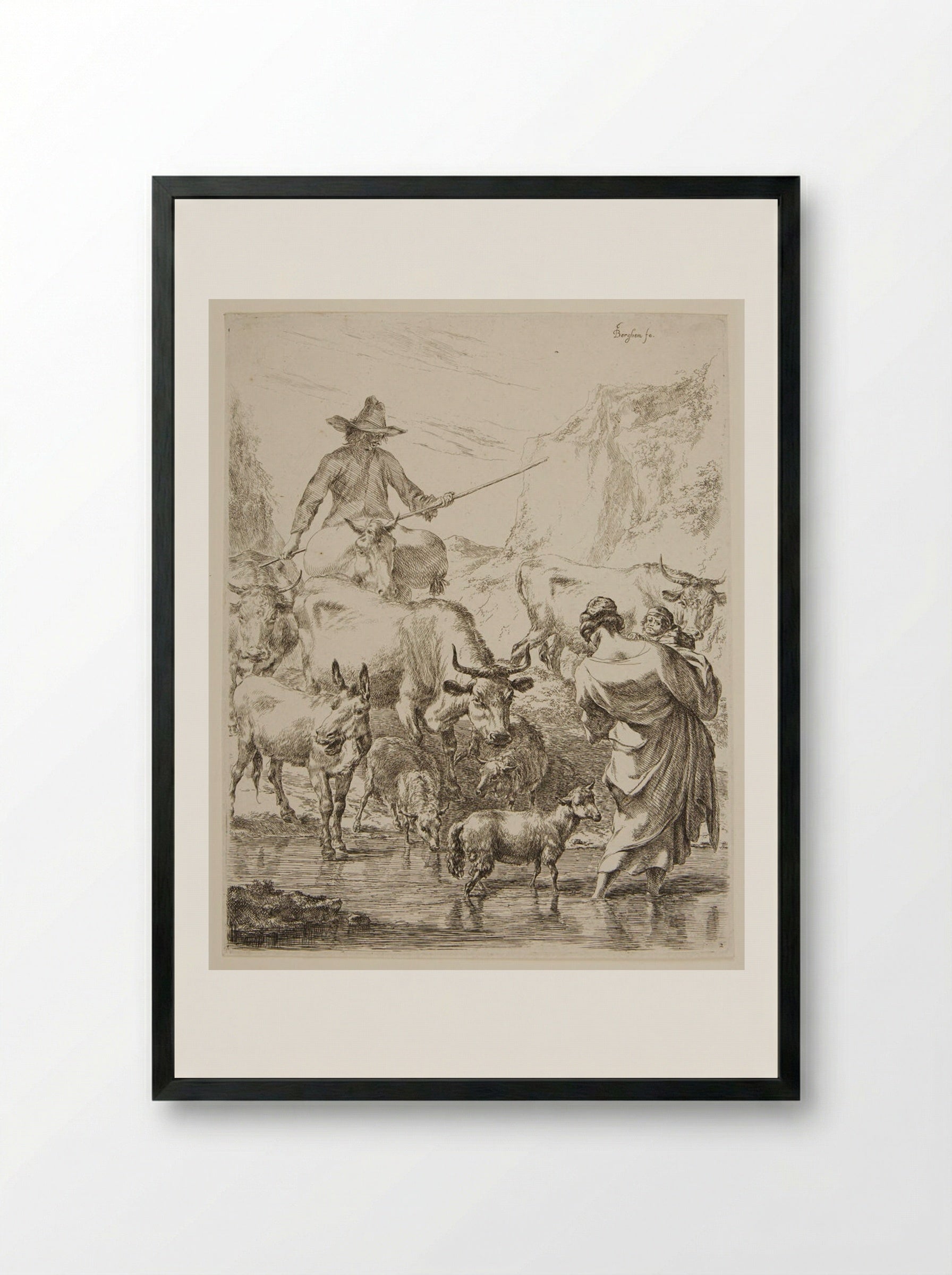 Shepherd with Flock Crossing a Stream - Nicolaes Berchem the Elder - Framed Print Black