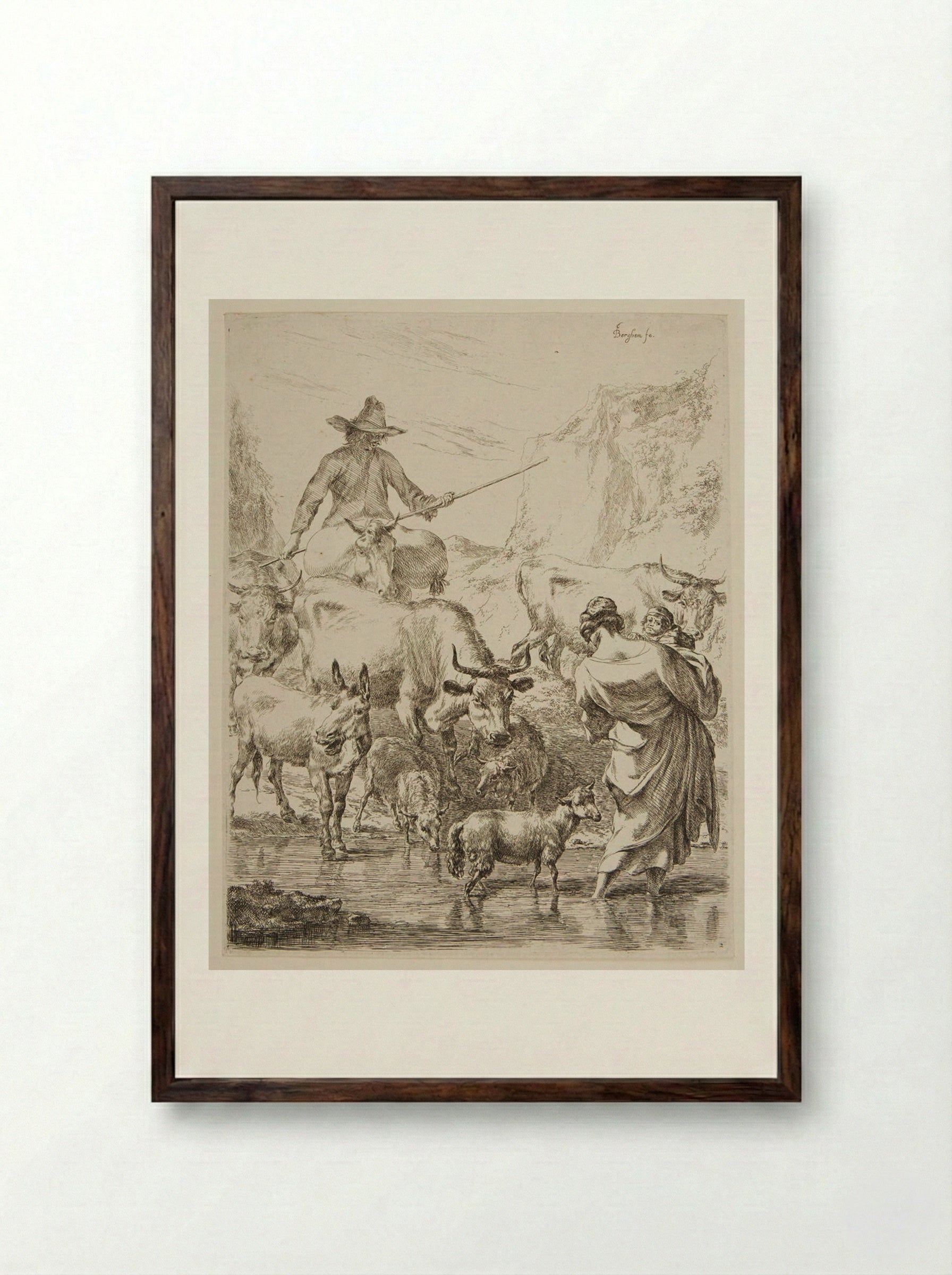 Shepherd with Flock Crossing a Stream - Nicolaes Berchem the Elder - Framed Print Dark Wood