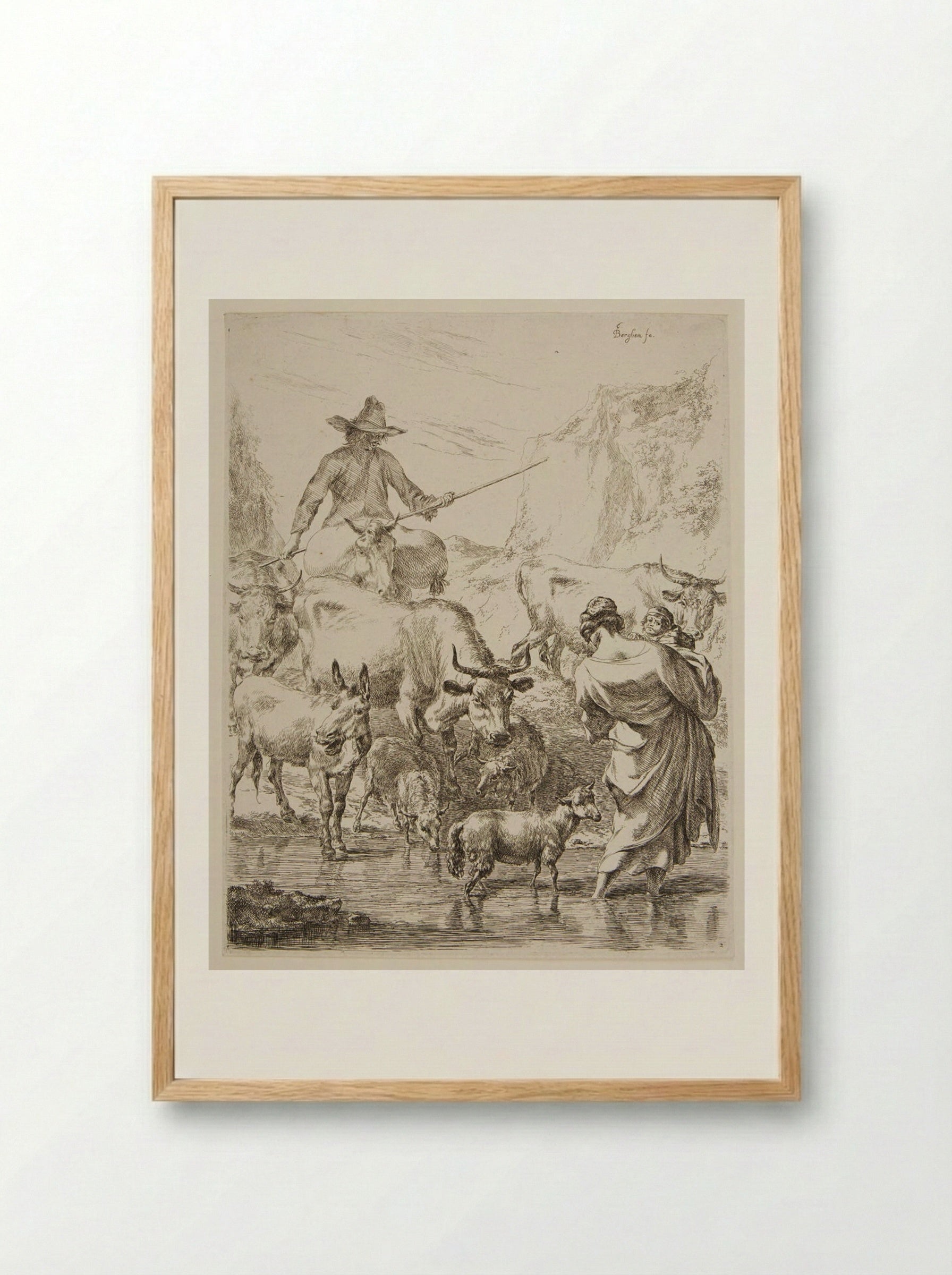 Shepherd with Flock Crossing a Stream - Nicolaes Berchem the Elder - Framed Print Wood