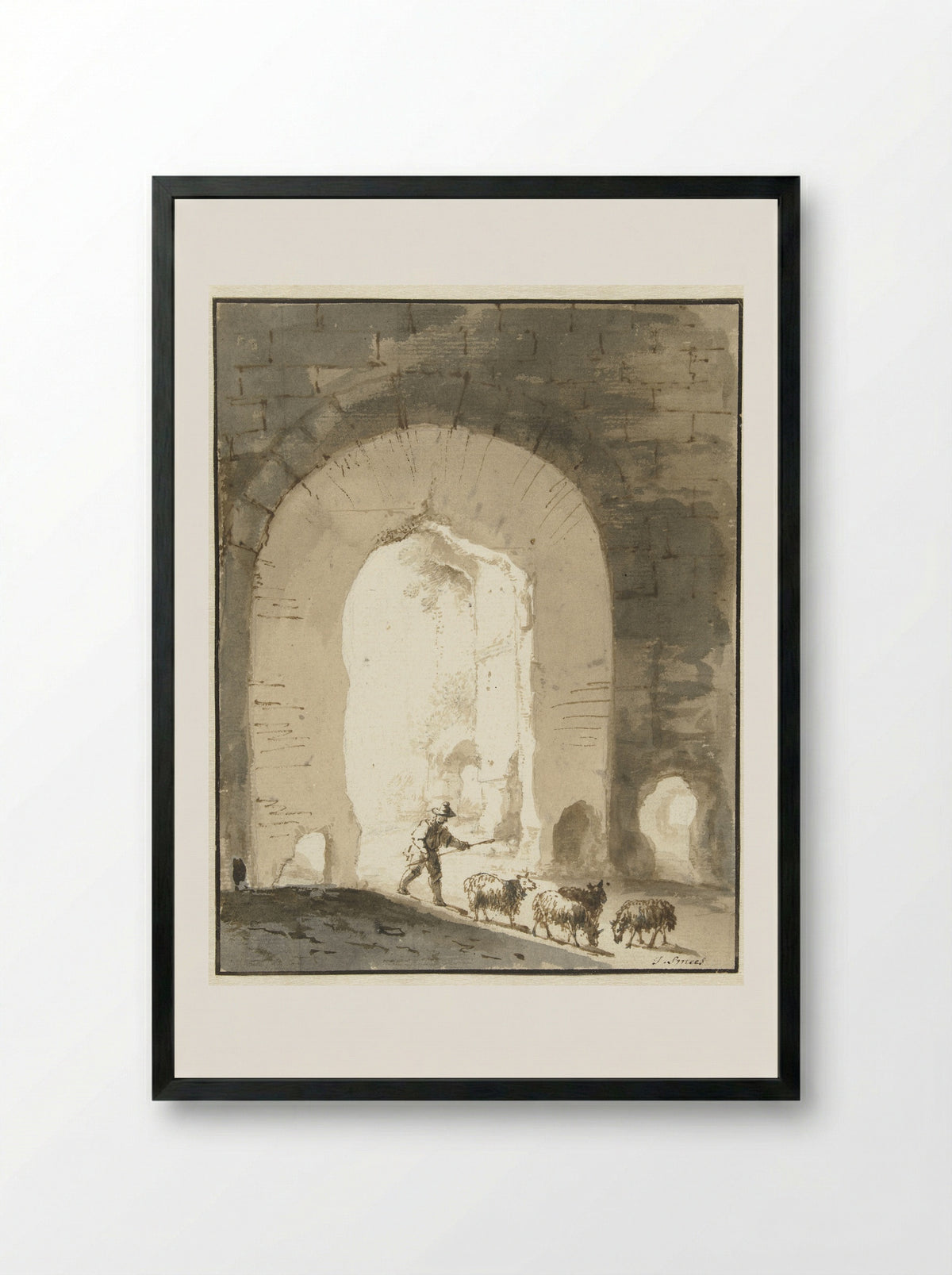Shepherd with Sheep near a Ruin - Jan Smees - Framed Print Black