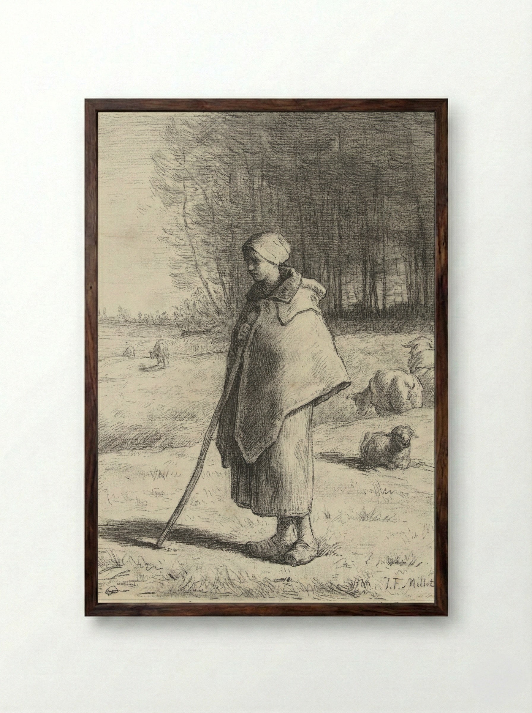 Shepherdess Leaning on Her Staff - Jean-François Millet - Framed Print Dark Wood