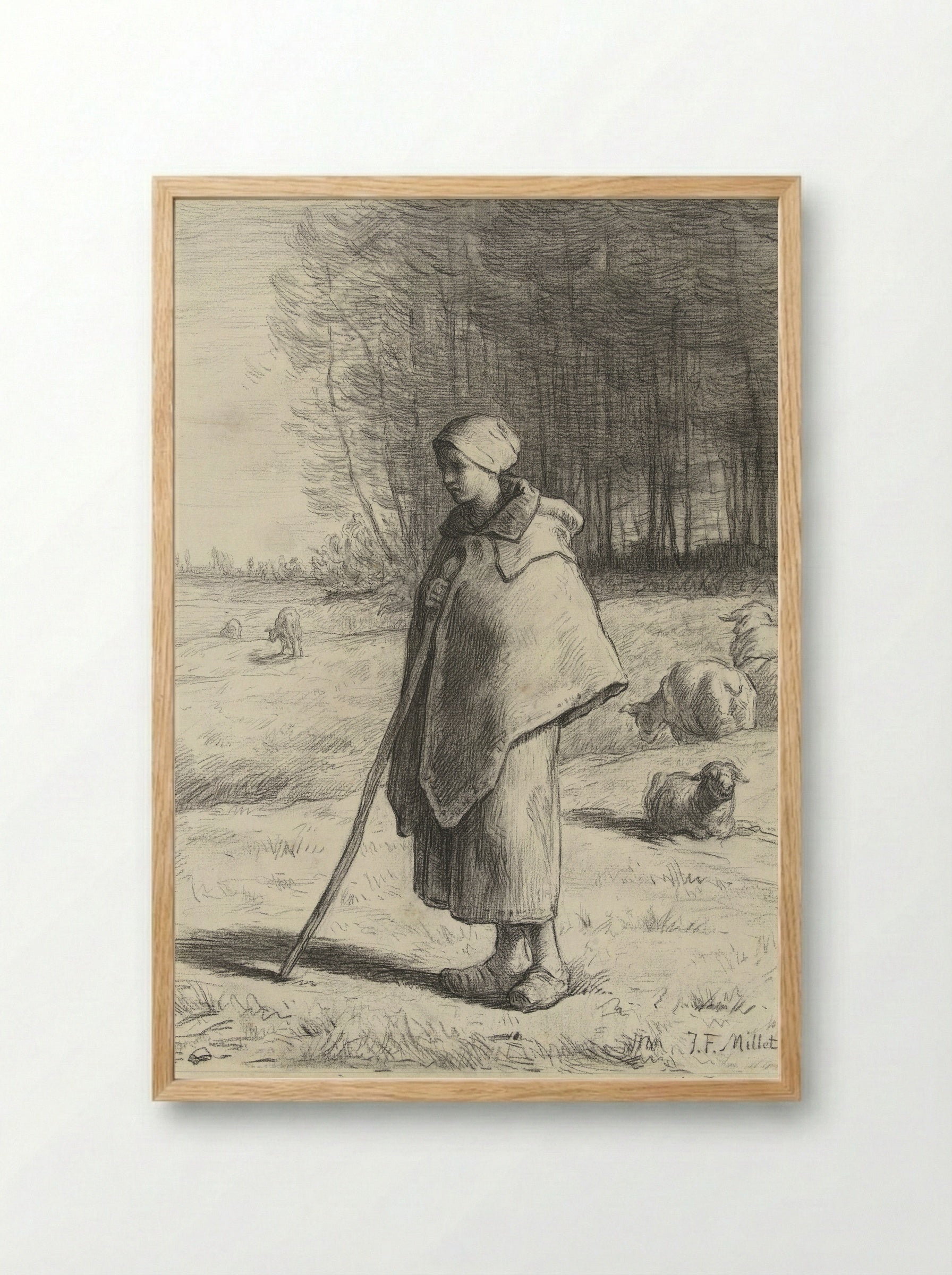 Shepherdess Leaning on Her Staff - Jean-François Millet - Framed Print Wood