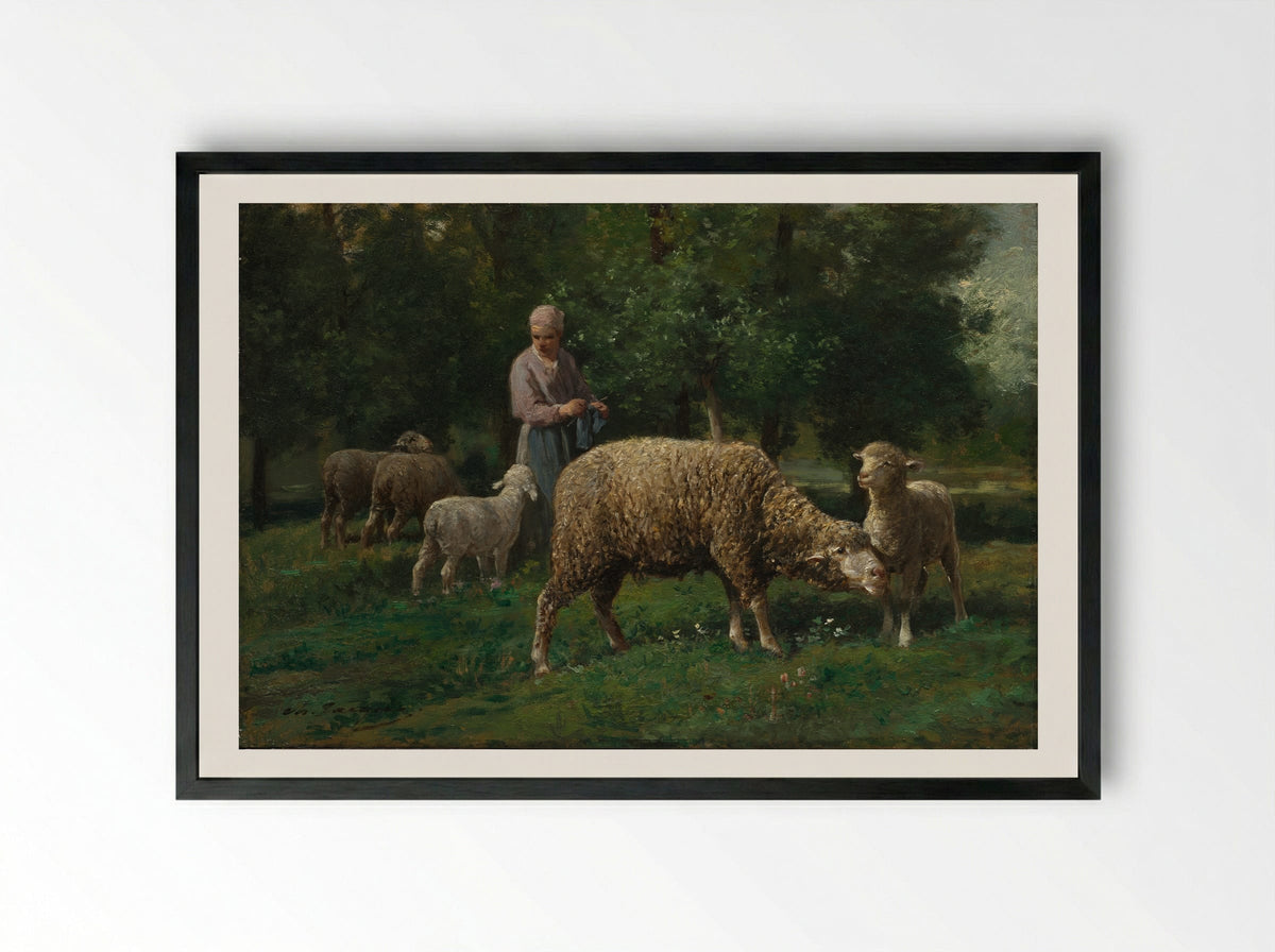 Shepherdess and Sheep - Charles-Émile Jacque - Framed Print Black