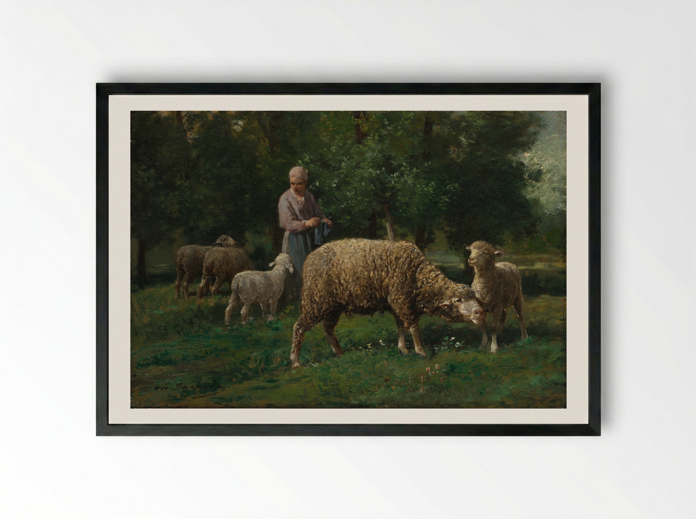 Shepherdess and Sheep - Charles-Émile Jacque - Framed Print Black