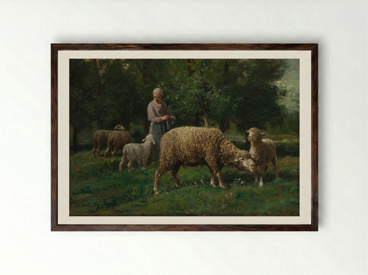 Shepherdess and Sheep - Charles-Émile Jacque - Framed Print Dark Wood
