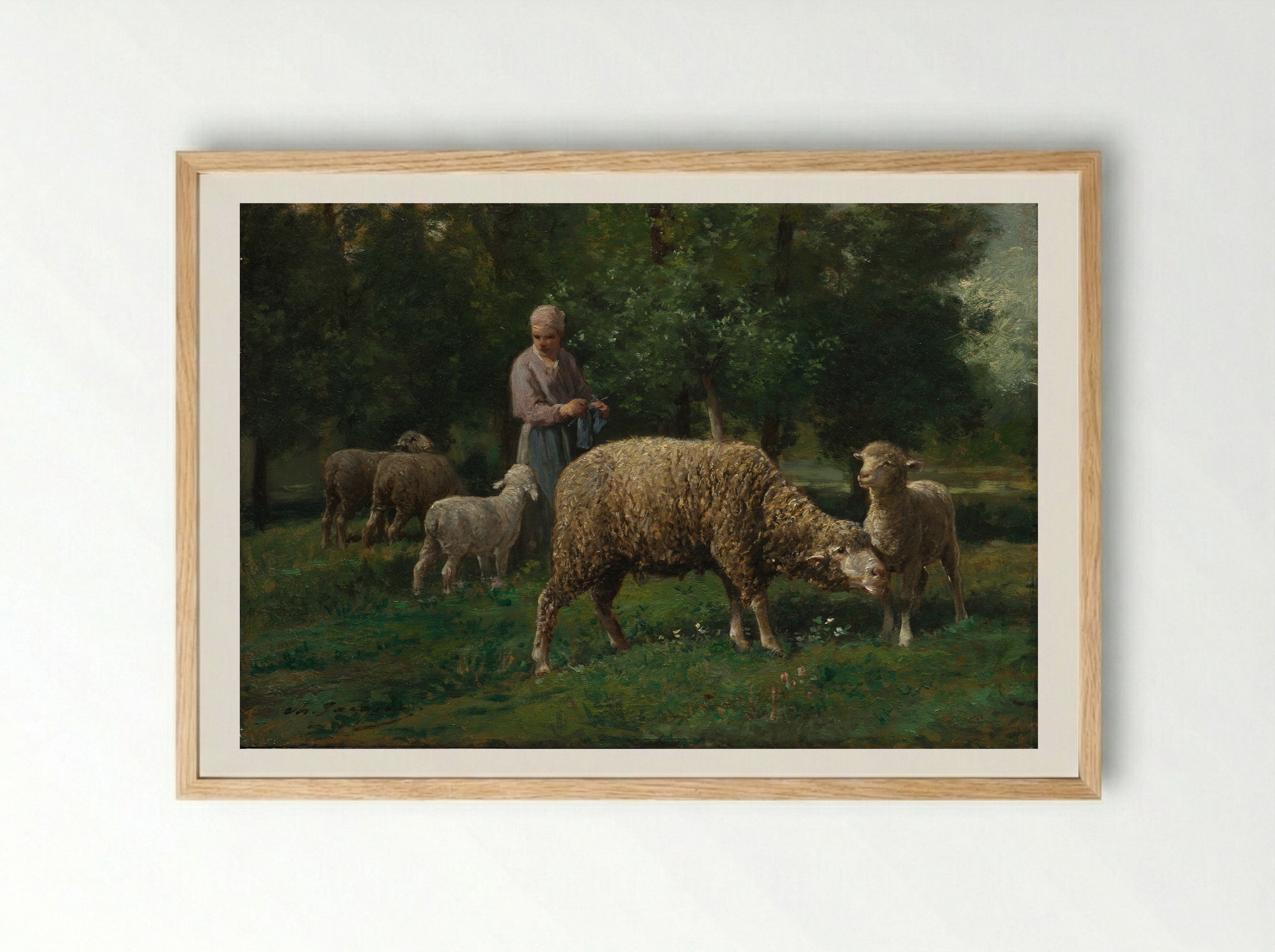 Shepherdess and Sheep - Charles-Émile Jacque - Framed Print Wood