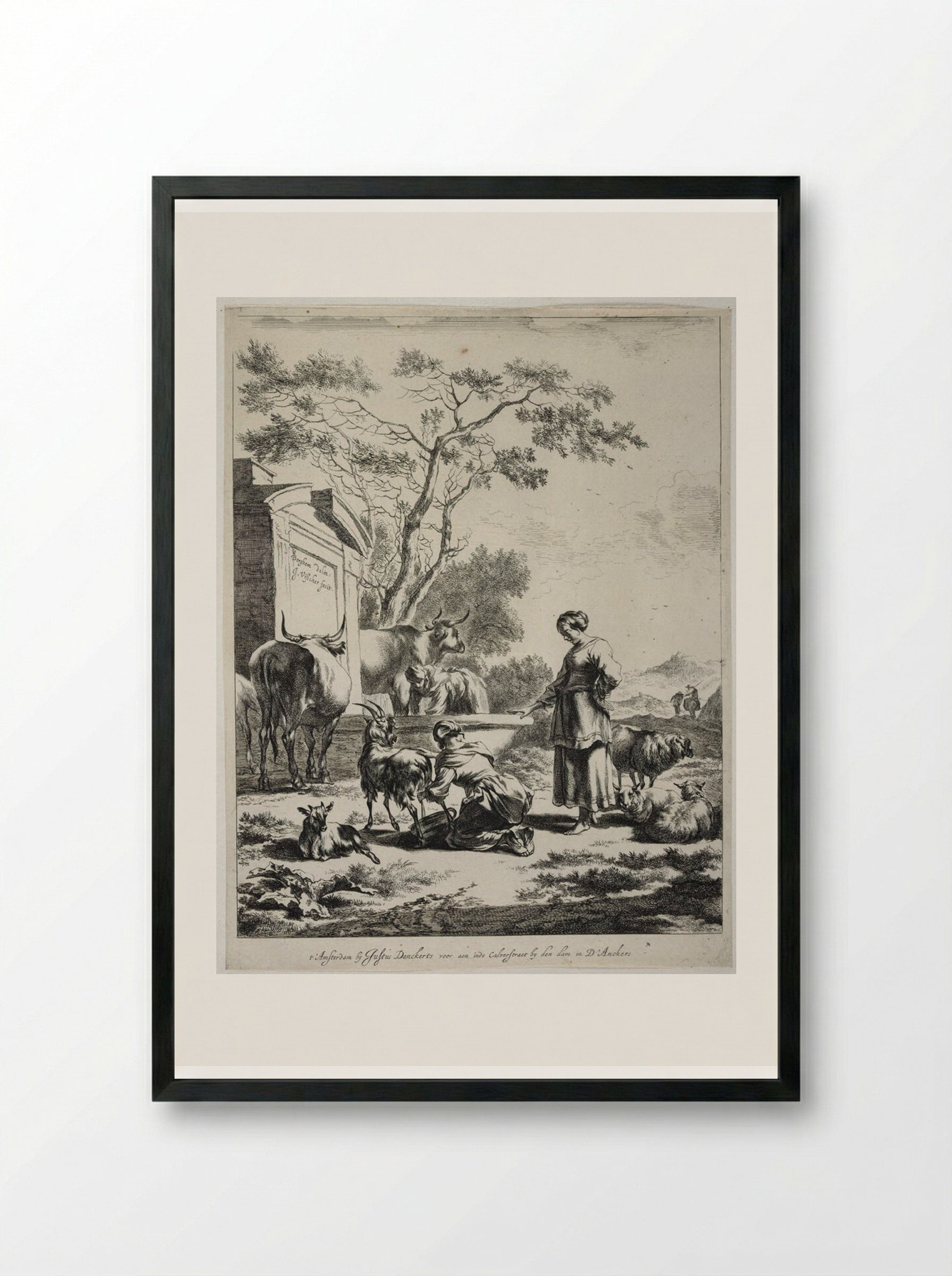 Shepherdess at a Spring - Johannes Visscher - Framed Print Black