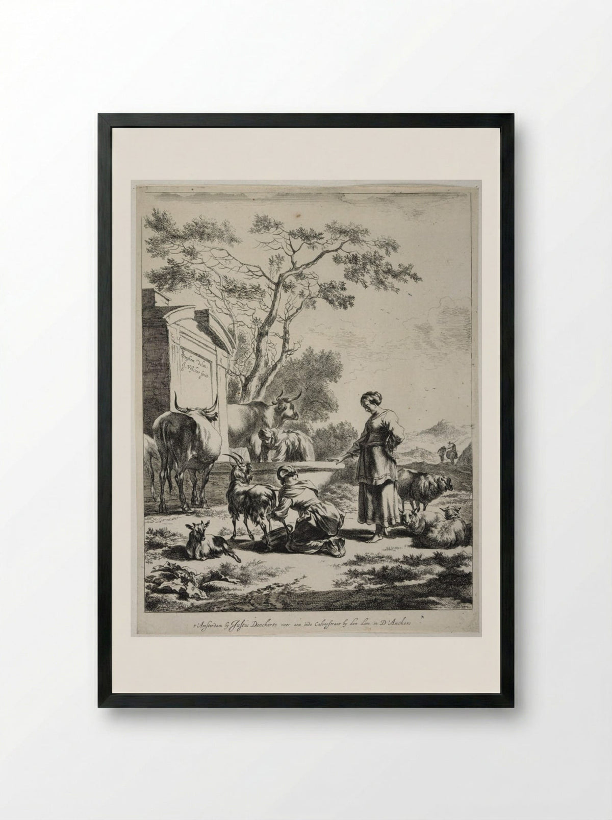 Shepherdess at a Spring - Johannes Visscher - Framed Print Black