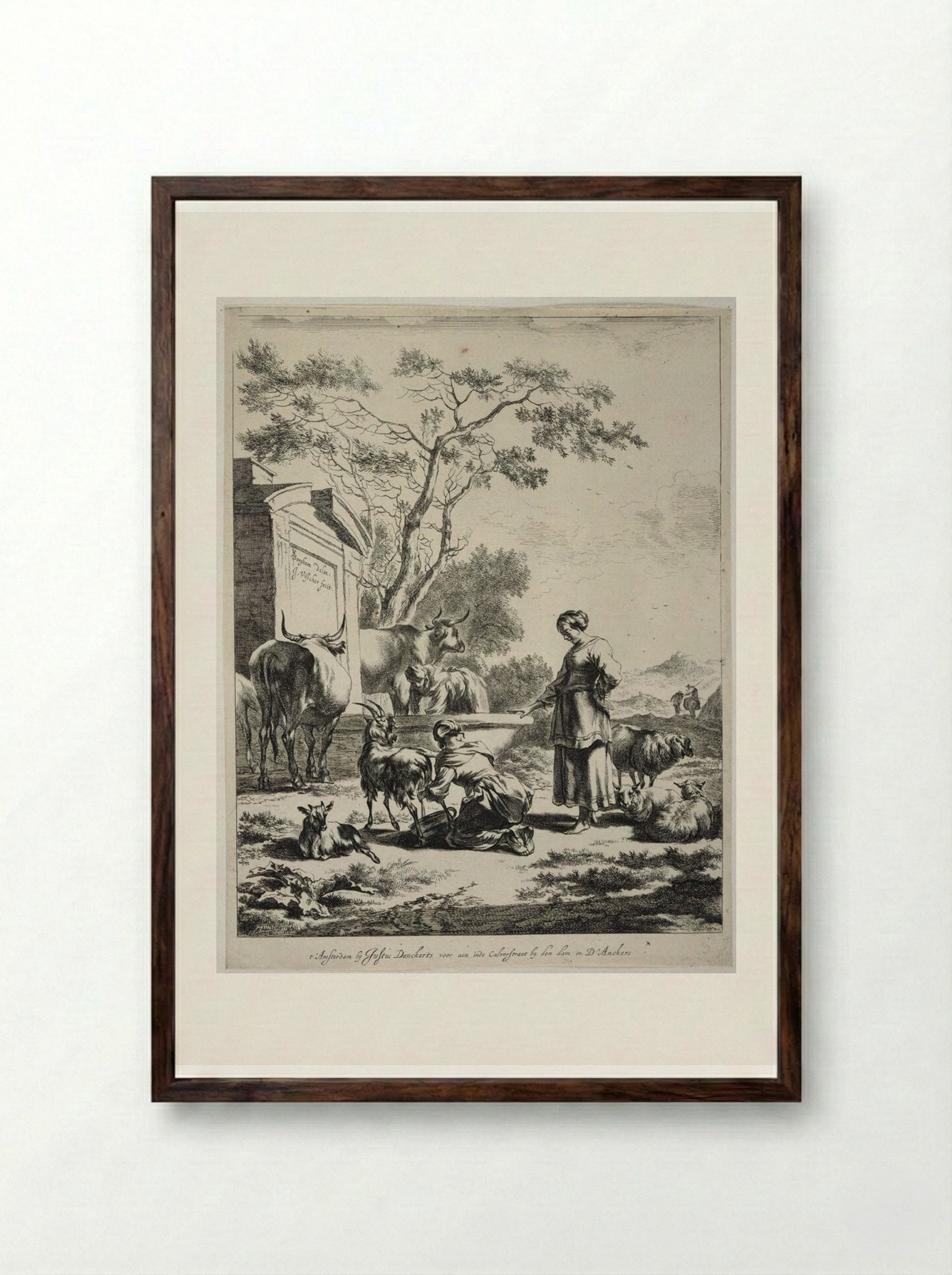 Shepherdess at a Spring - Johannes Visscher - Framed Print Dark Wood