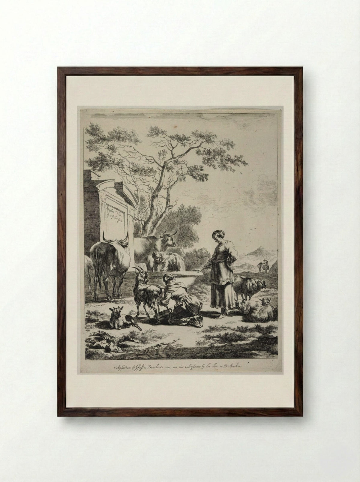 Shepherdess at a Spring - Johannes Visscher - Framed Print Dark Wood