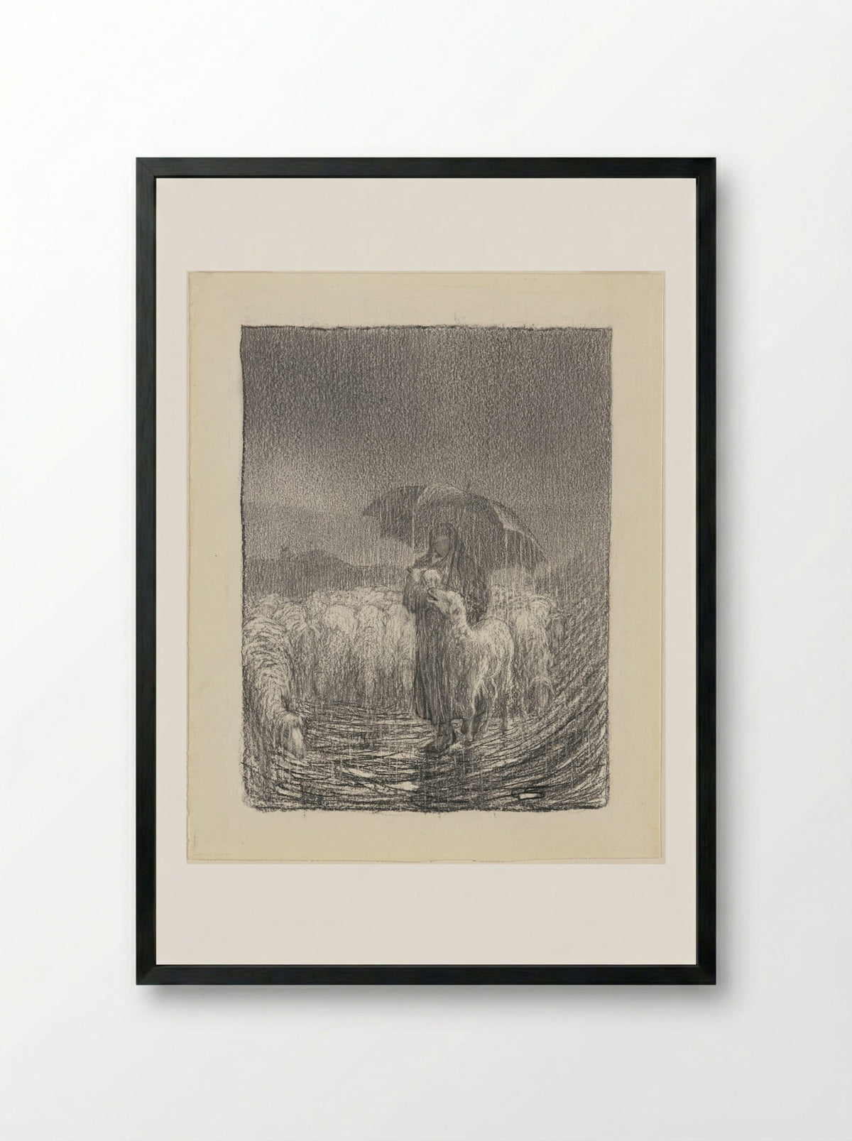 Shepherdess in the Rain - Giovanni Segantini - Framed Print Black