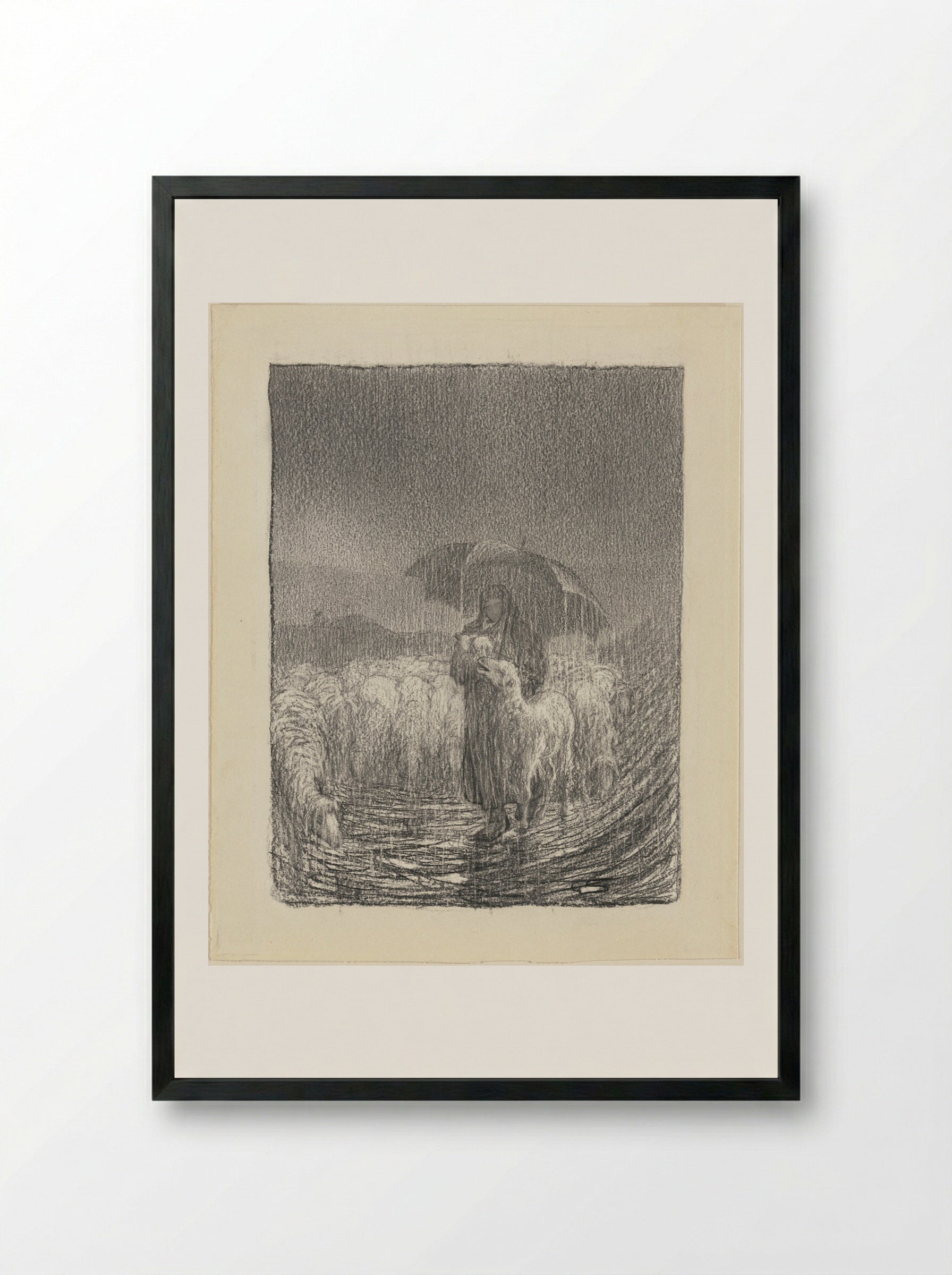 Shepherdess in the Rain - Giovanni Segantini - Framed Print Black