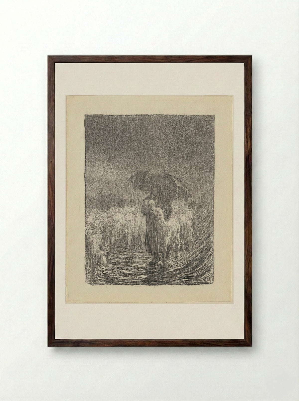 Shepherdess in the Rain - Giovanni Segantini - Framed Print Dark Wood