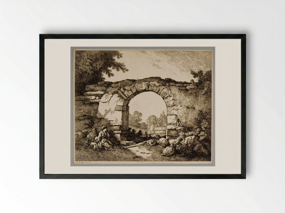 Shepherdess with Flock - Jean-Baptiste Huet - Framed Print Black