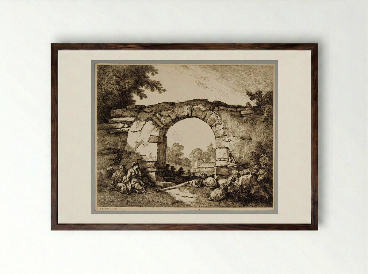 Shepherdess with Flock - Jean-Baptiste Huet - Framed Print Dark Wood