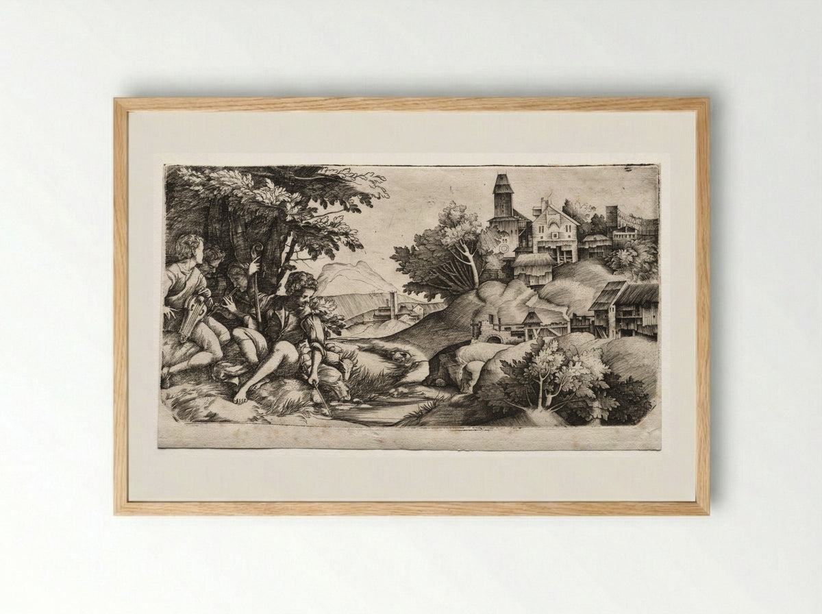 Shepherds in a Landscape - Giulio Campagnola - Framed Print Wood