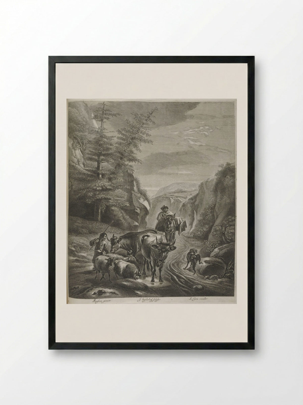 Shepherds with Cows and Sheep on Path in Mountains - Jonas Suyderhoef - Framed Print Black