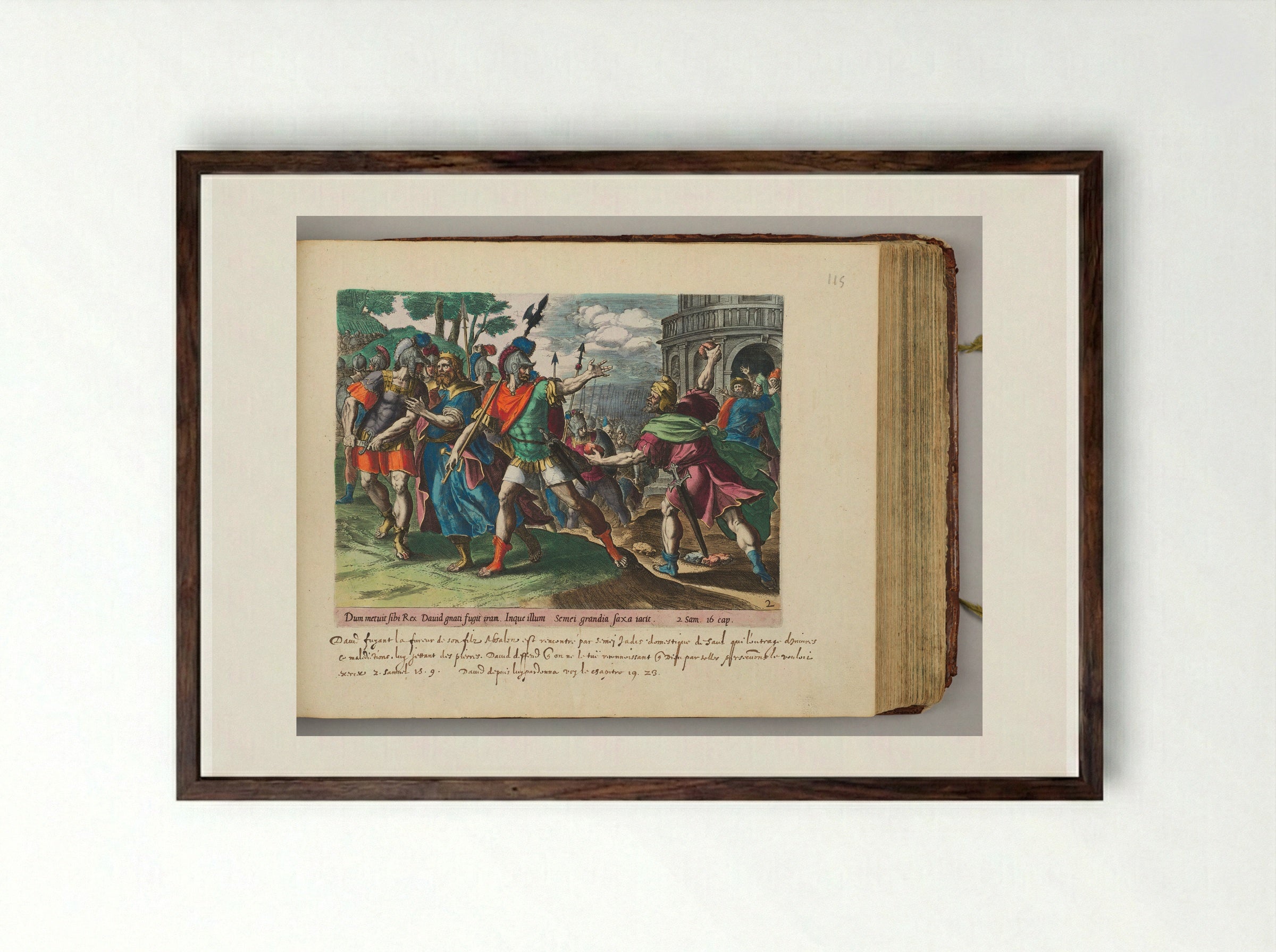 Shimei Casting Stones at David and His Servants - Johannes Wierix - Framed Print Dark Wood