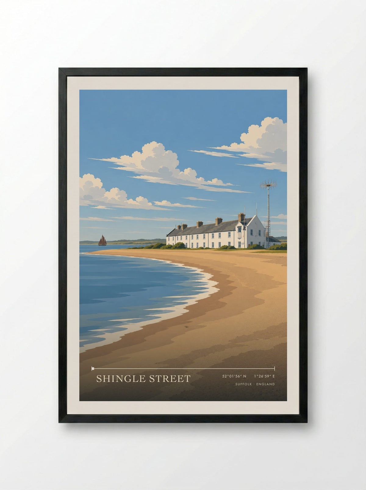 Shingle Street, Suffolk | Travel Poster - Framed Print Black