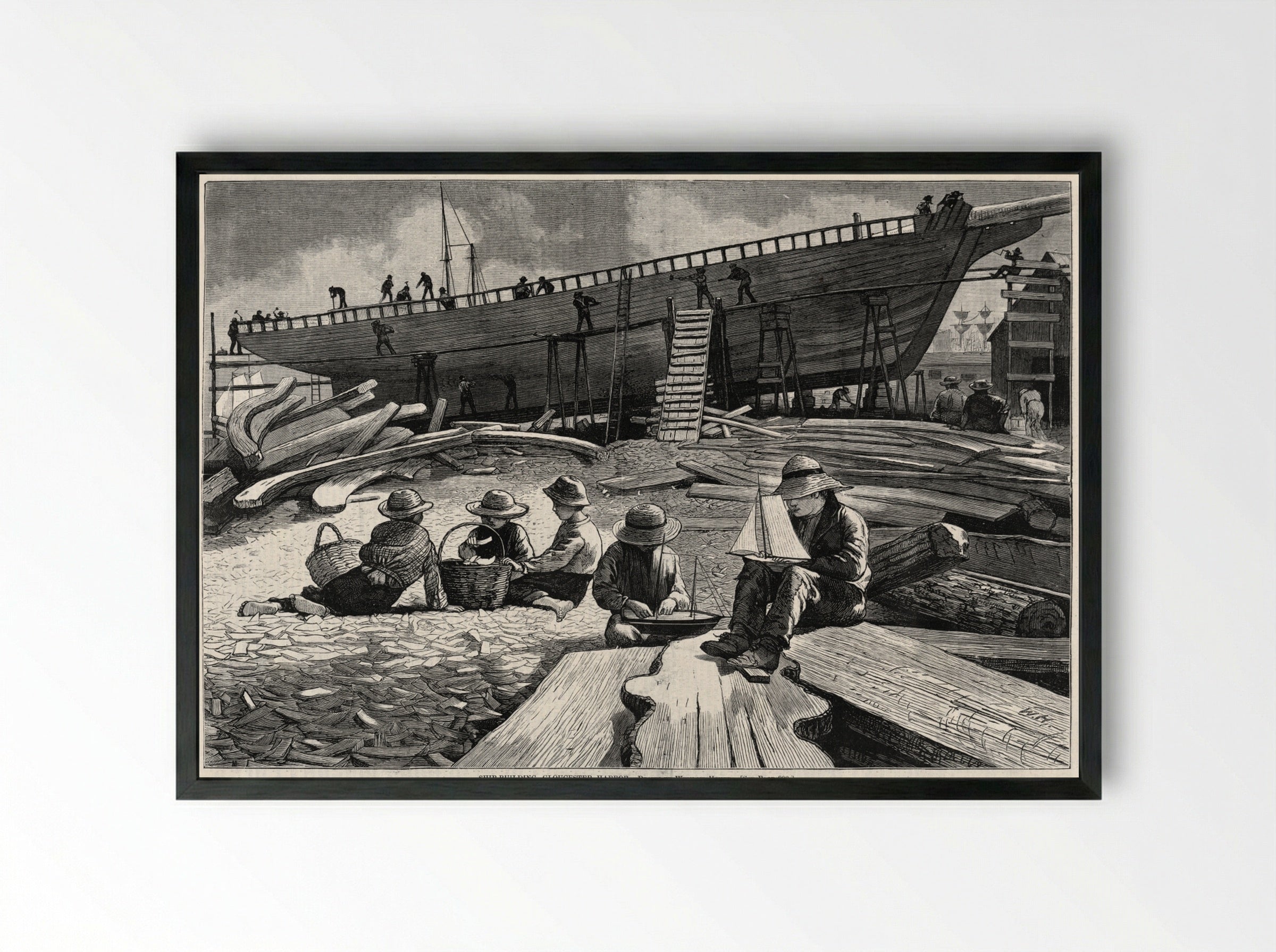 Ship-building, Gloucester Harbor - Winslow Homer - Framed Print Black