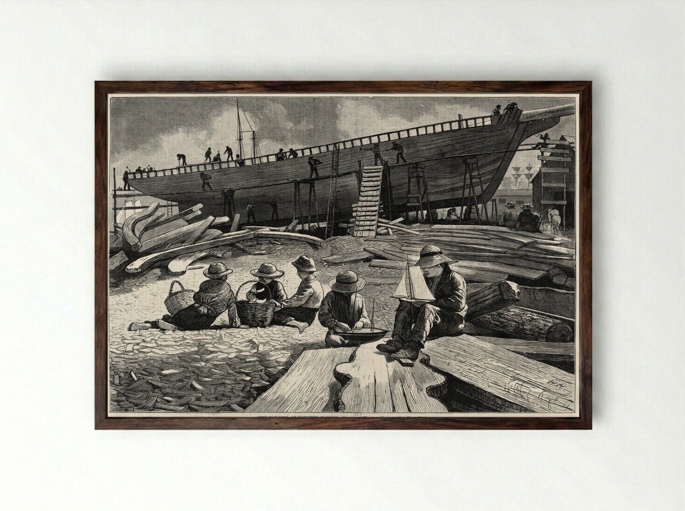 Ship-building, Gloucester Harbor - Winslow Homer - Framed Print Dark Wood
