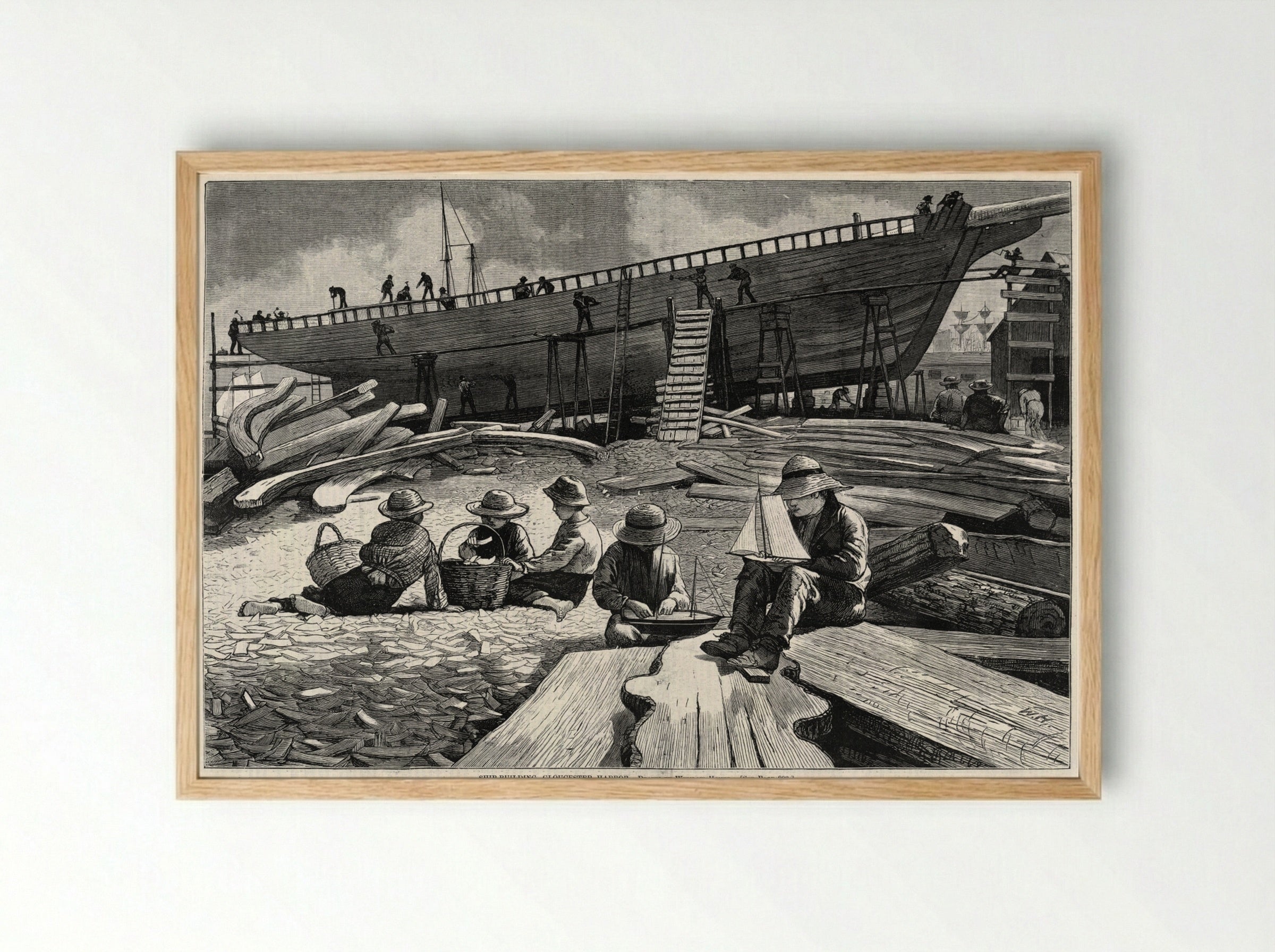 Ship-building, Gloucester Harbor - Winslow Homer - Framed Print Wood