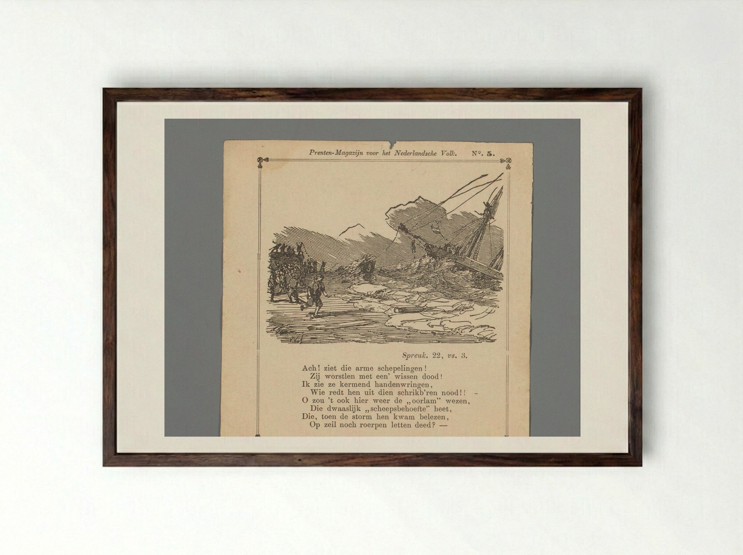 Ship in a Storm with Men Holding Ropes on the Shore - Isaac Weissenbruch - Framed Print Dark Wood