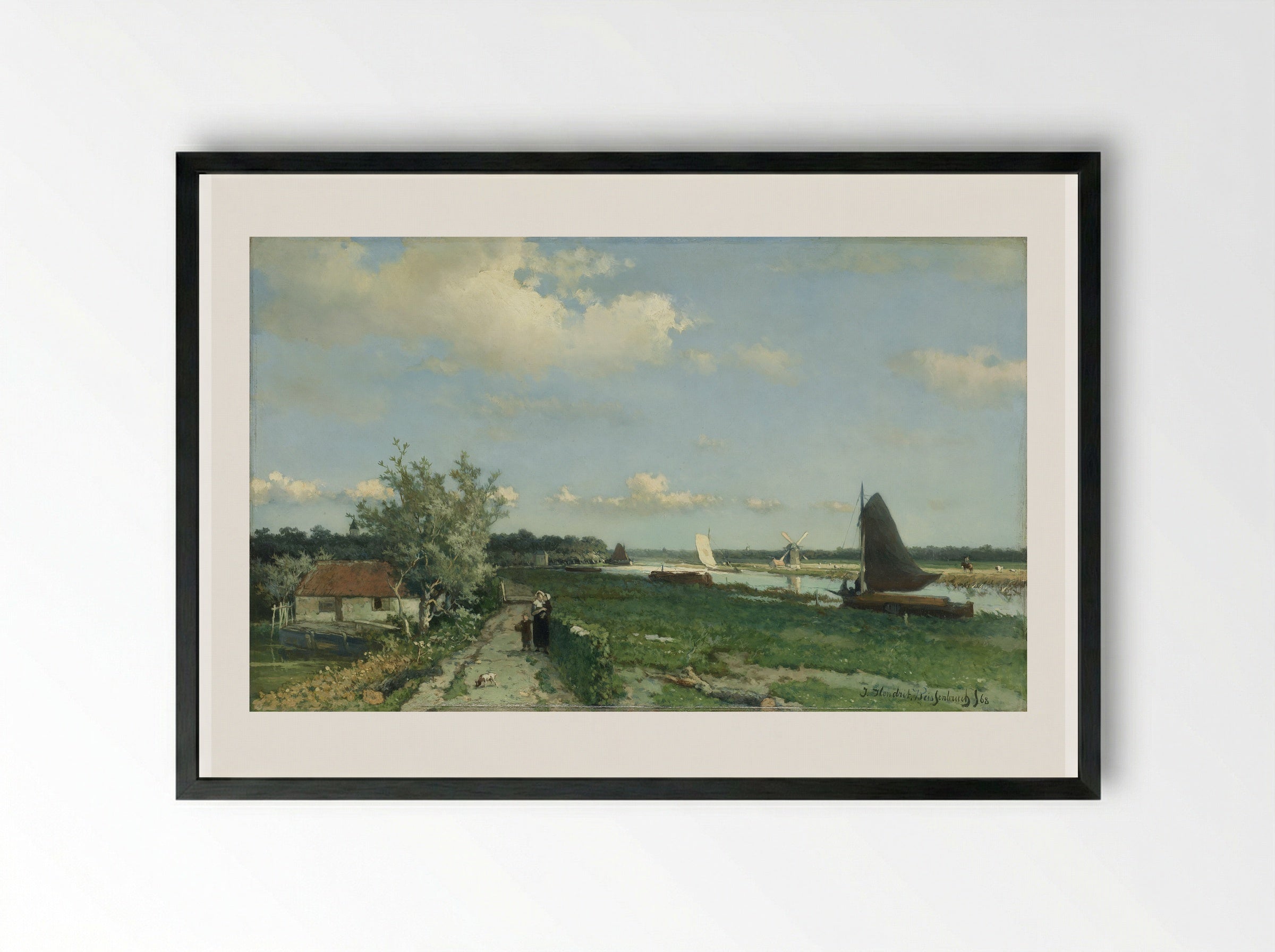 Ship in polder canal - Johan Hendrik Weissenbruch - Framed Print Black