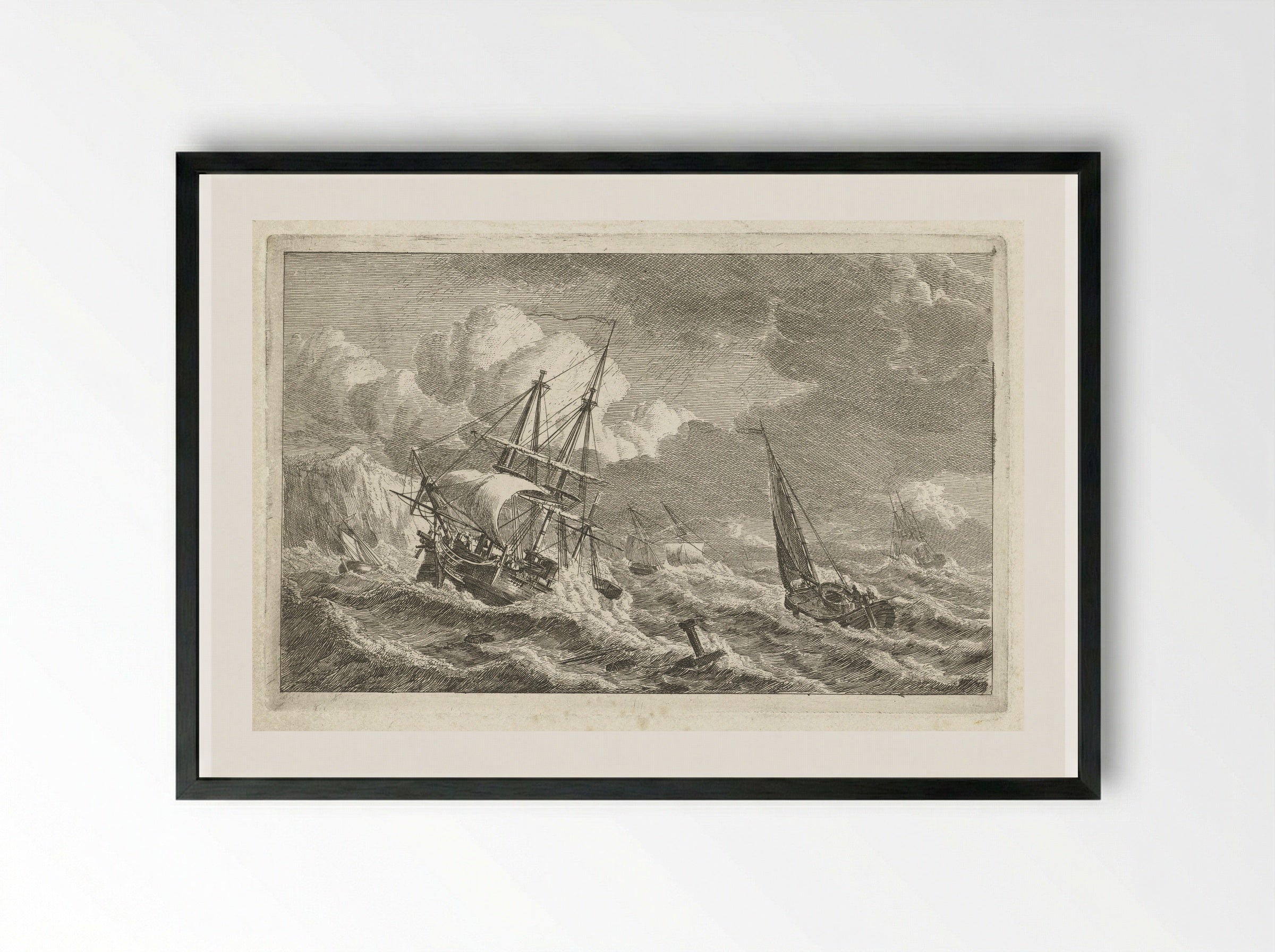Ships in Distress off a Rocky Coast - Gerrit Groenewegen - Framed Print Black