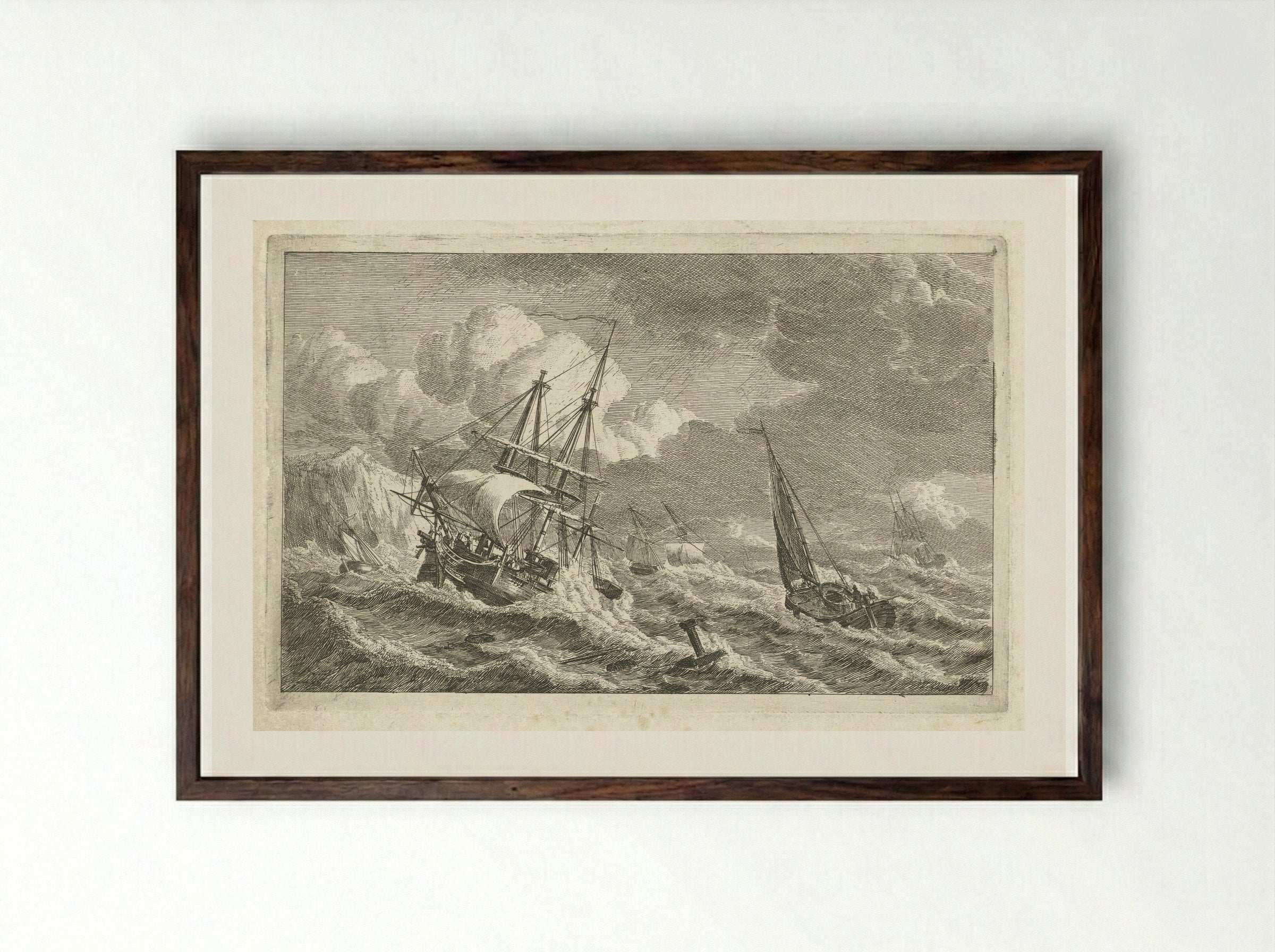 Ships in Distress off a Rocky Coast - Gerrit Groenewegen - Framed Print Dark Wood