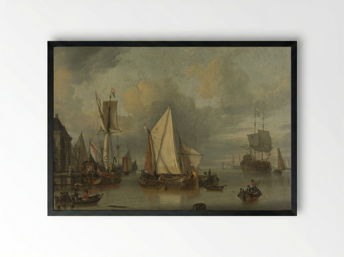 Ships in a Harbour in a Strong Breeze - Jan Claesz. Rietschoof - Framed Print Black