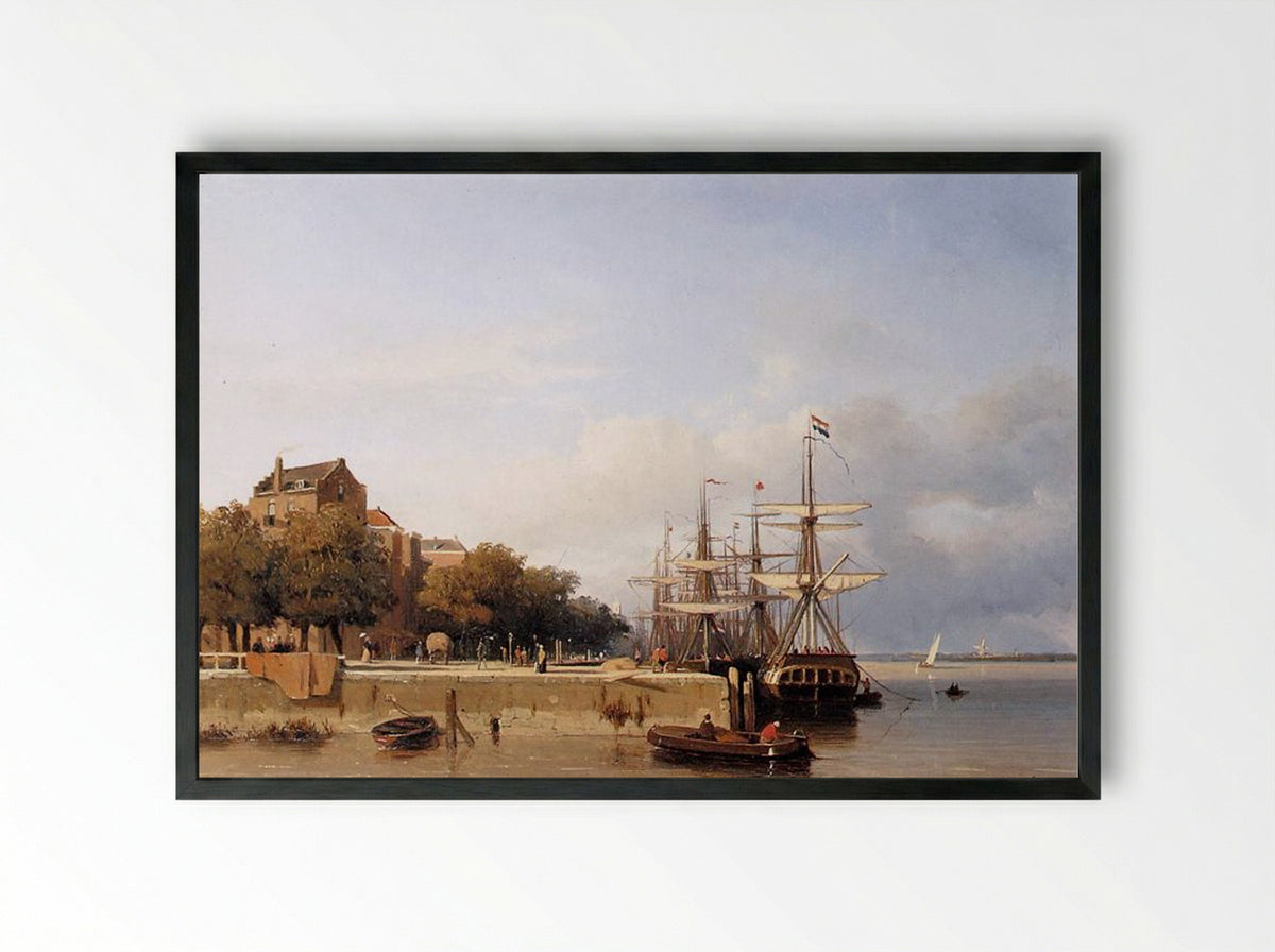 Ships on a quay - Johan Hendrik Weissenbruch - Framed Print Black