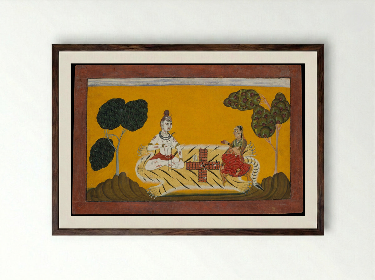 Shiva and Parvati Playing Chaupar - Devidasa of Nurpur - Framed Print Dark Wood