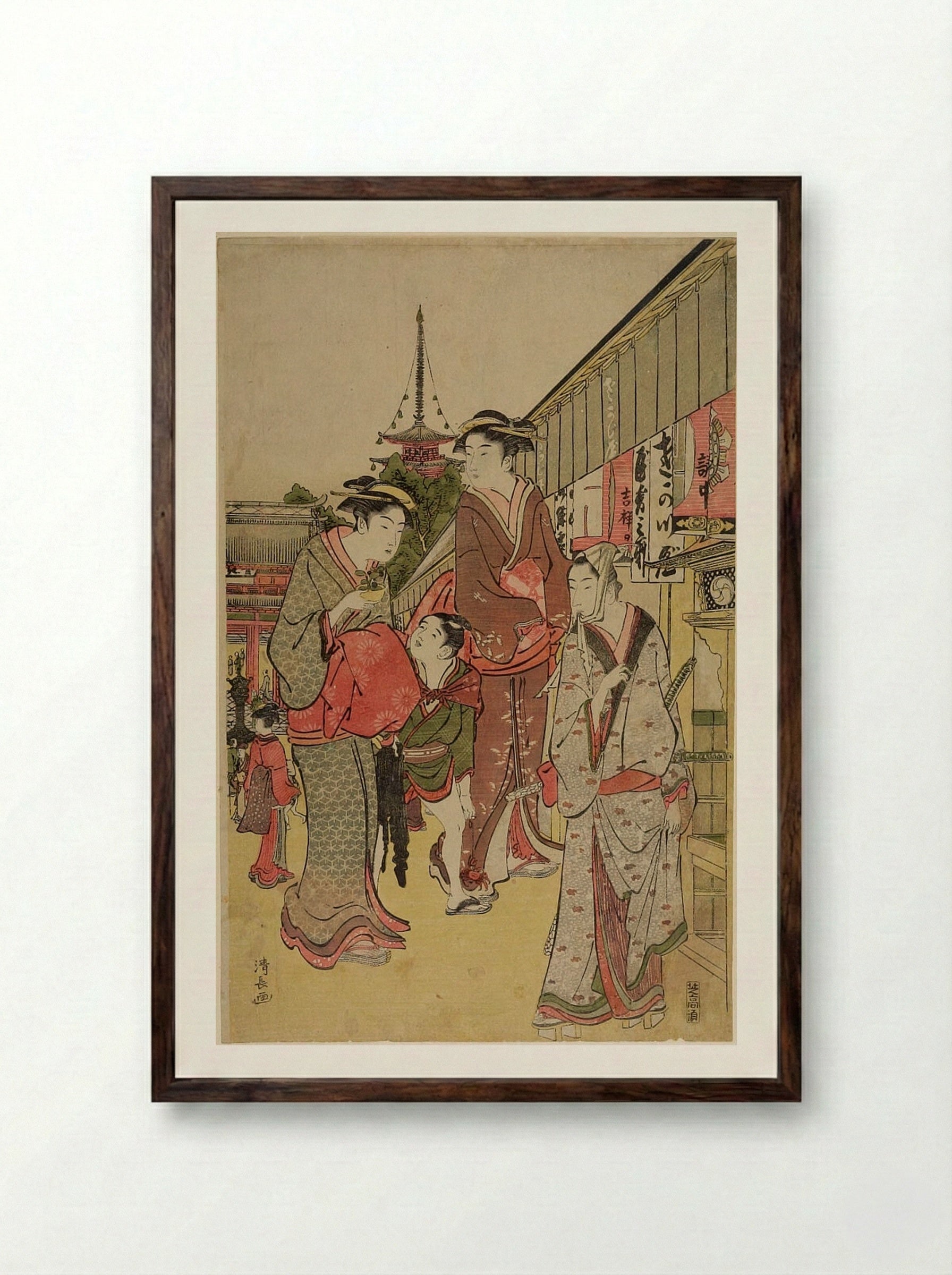 Shopping in Asakusa - Torii Kiyonaga - Framed Print Dark Wood