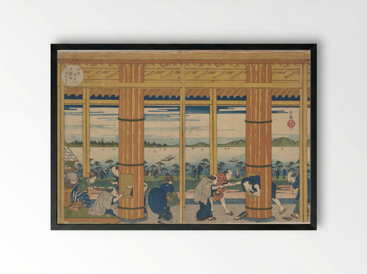 Shower-Shelter on the Shore of Tempozan Bay - Yashima Gakutei - Framed Print Black