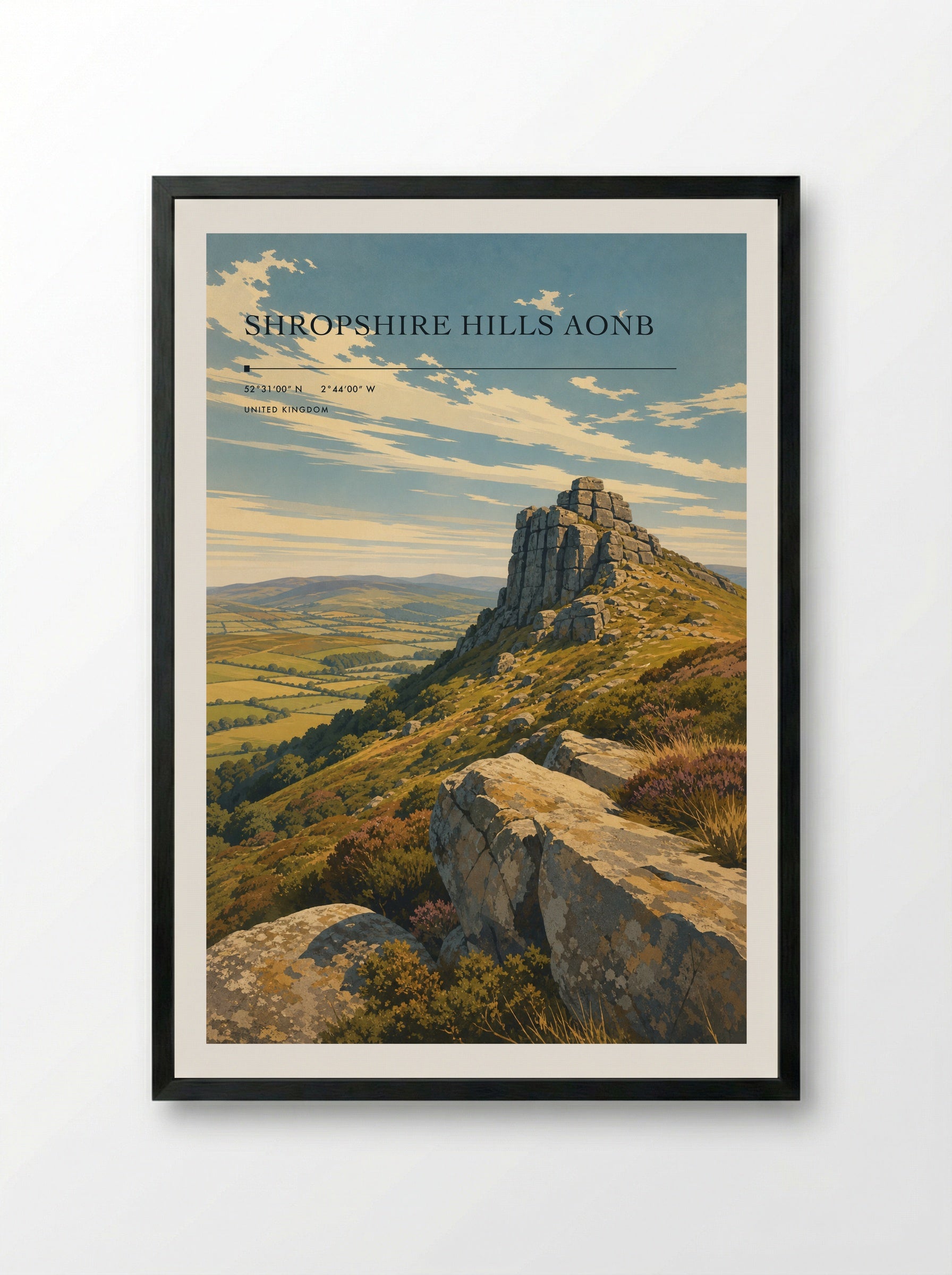 Shropshire Hills AONB United Kingdom Travel Poster - Framed Print Black