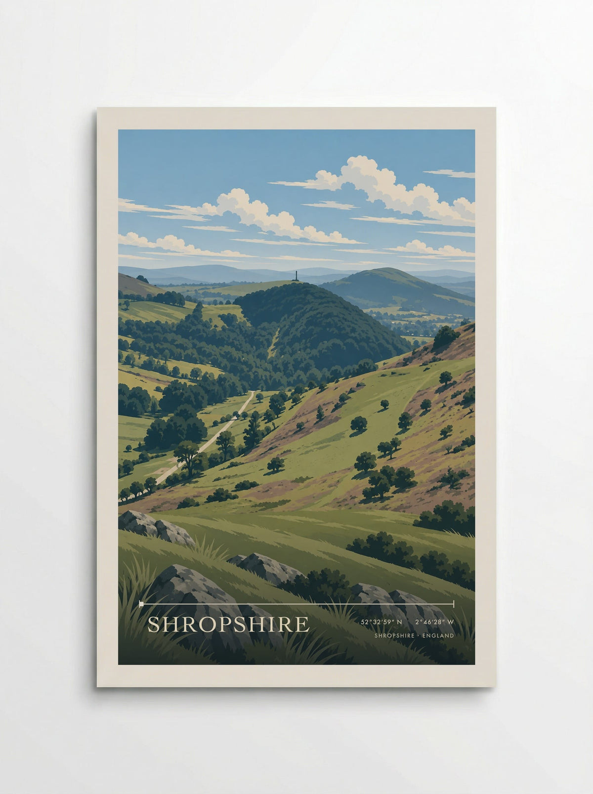 Shropshire travel poster: green valley slopes, a wooded hilltop monument and layered blue ridges beneath a broad sky of bright cream clo