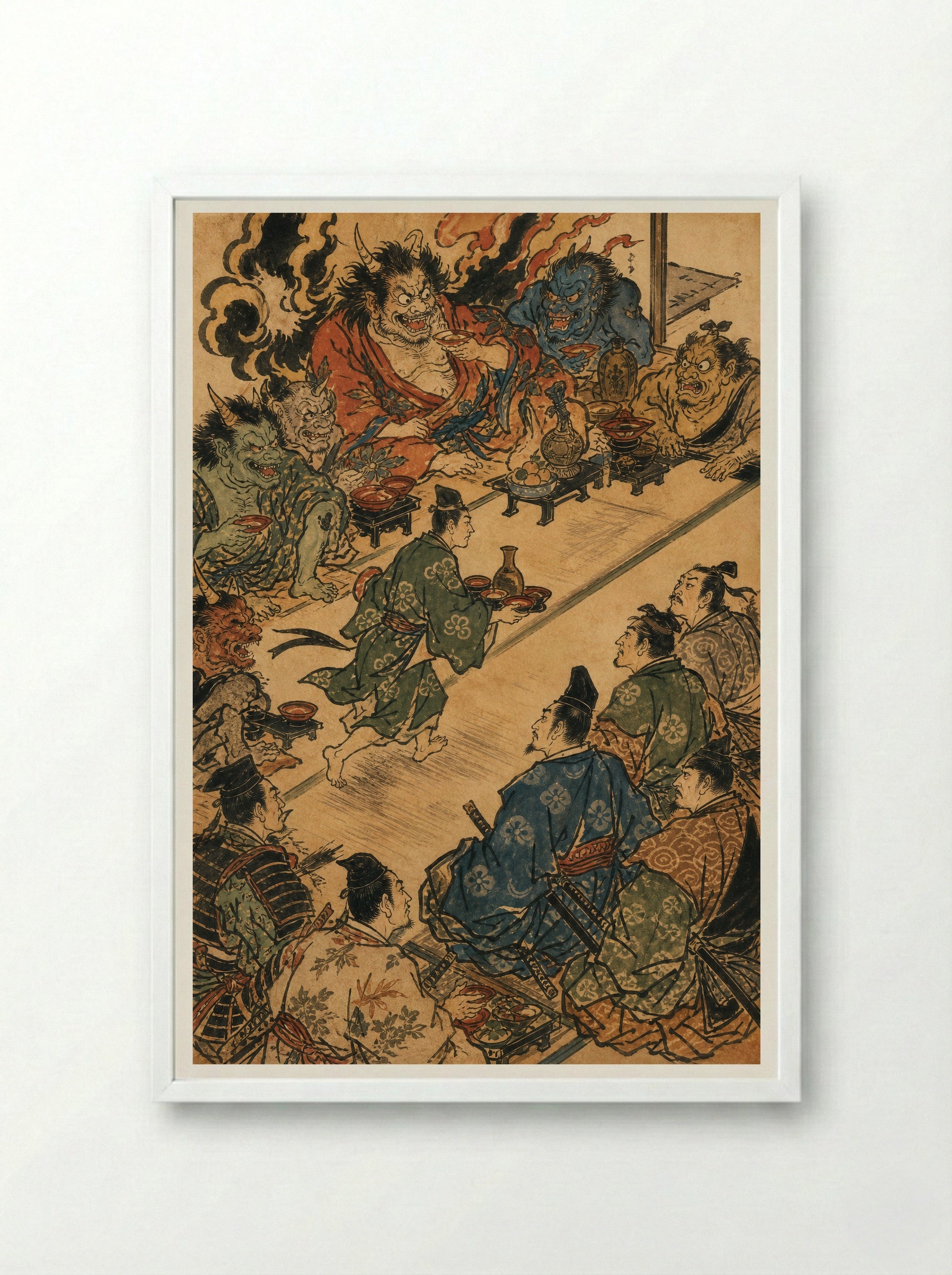 Shuten-doji at Mount Oe: The Demon's Banquet - Framed Print White