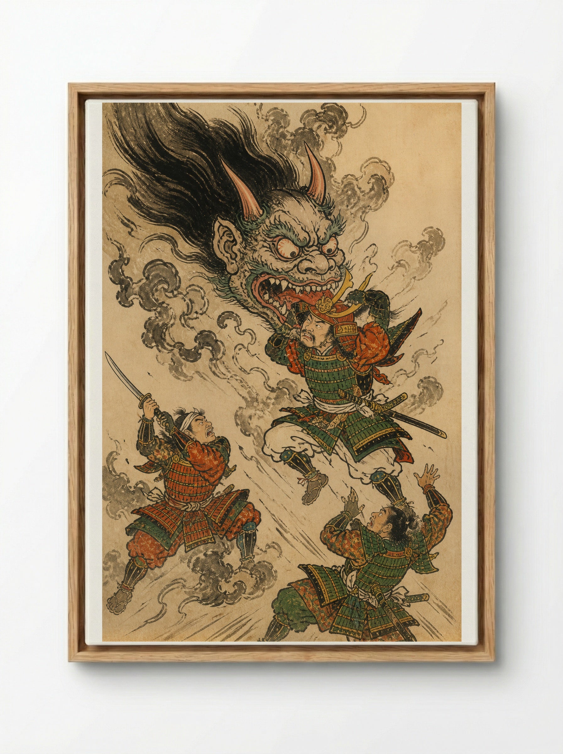 Shuten-doji at Mount Oe: The Head Attacks Raiko - Framed Canvas Wood