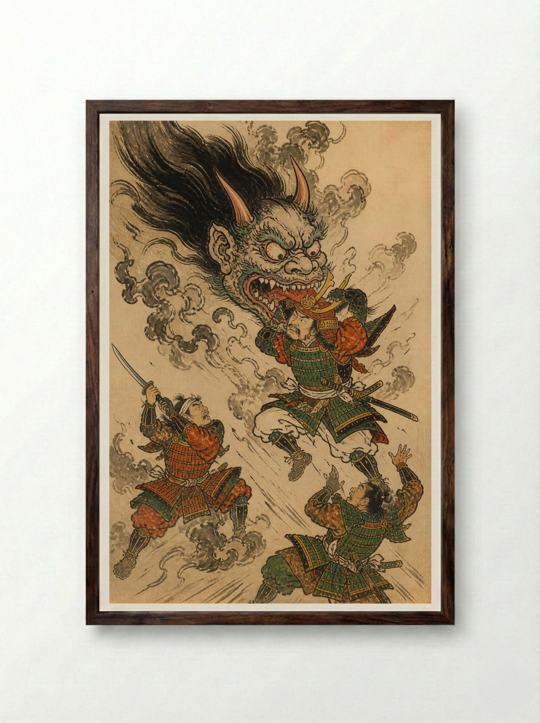 Shuten-doji at Mount Oe: The Head Attacks Raiko - Framed Print Dark Wood
